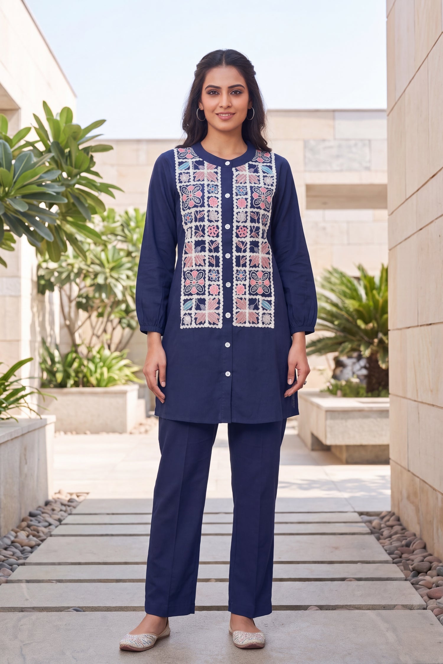 Navy Floral Embroidered CordSet