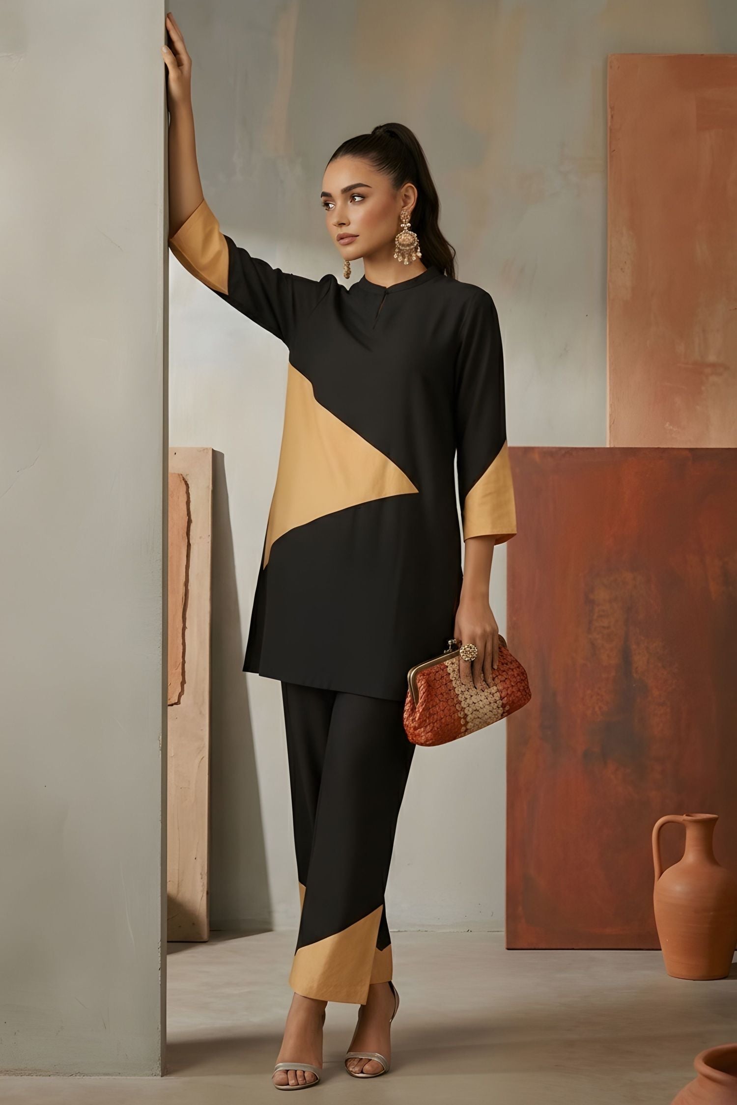 Black & Beige Color-Block Co-Ord Set