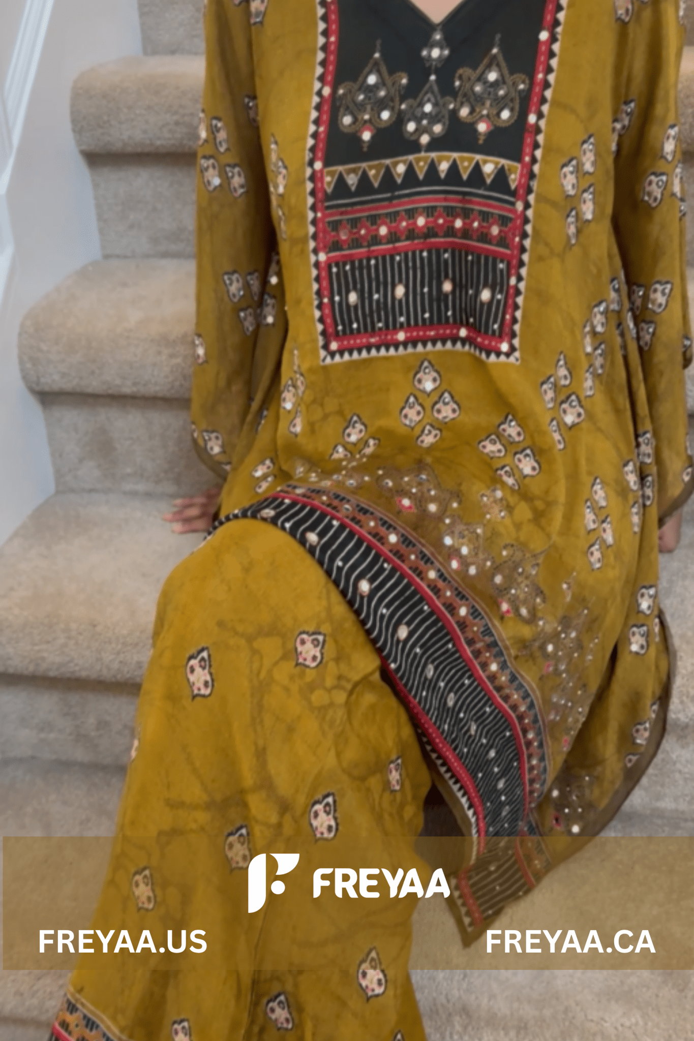 Rich Mustard Yellow Kaftan Cord Set in Chinon Silk - Freyaa