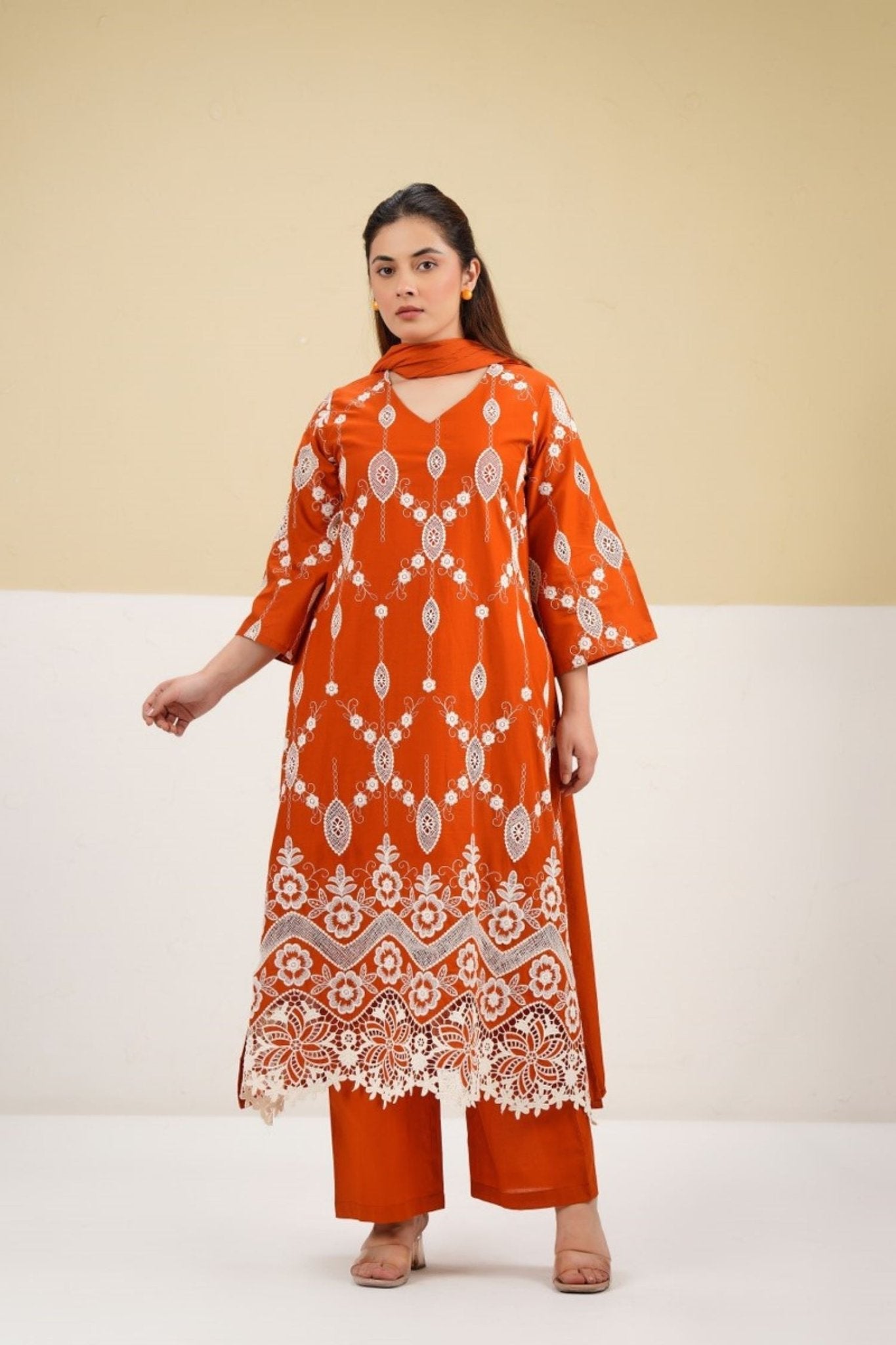 Cotton Embroidered Dupatta Set in Orange. - Freyaa USA & Canada