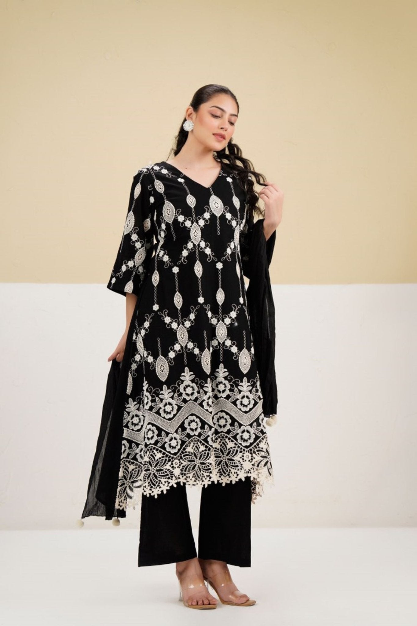 Cotton Embroidered Dupatta Set in Black. - Freyaa USA & Canada