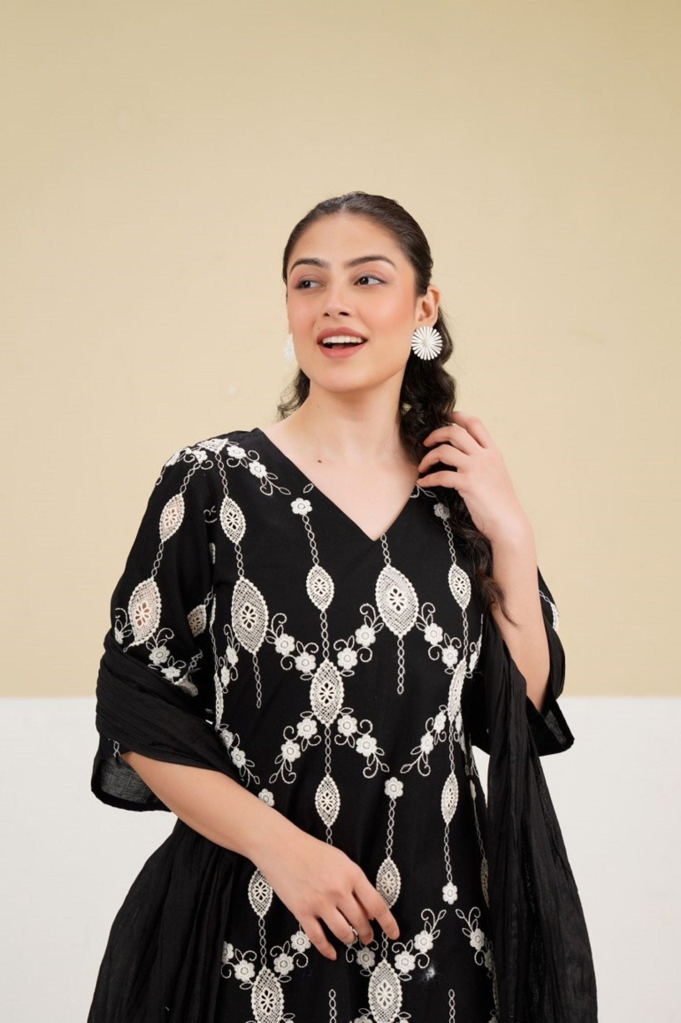 Cotton Embroidered Dupatta Set in Black. - Freyaa USA & Canada