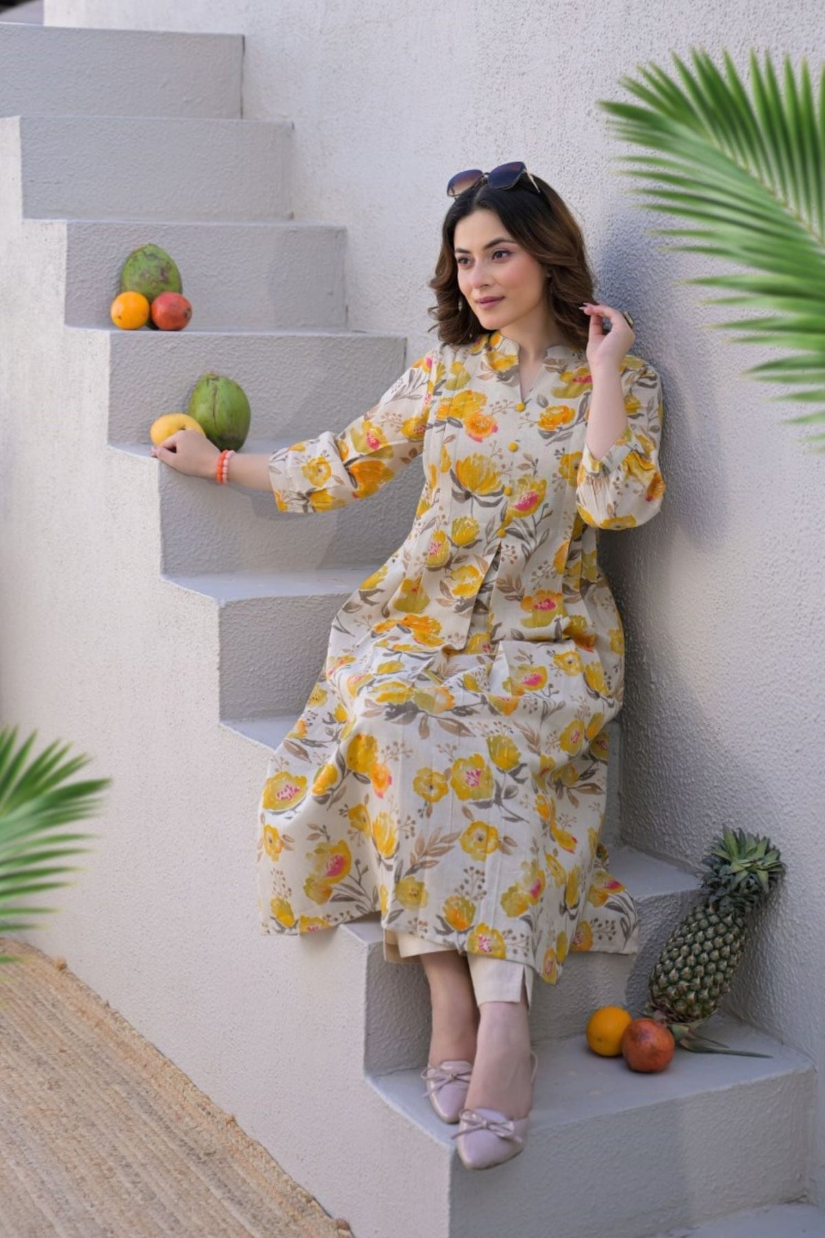 Summer Kurta Cord set Yellow Floral Print. - Freyaa USA & Canada