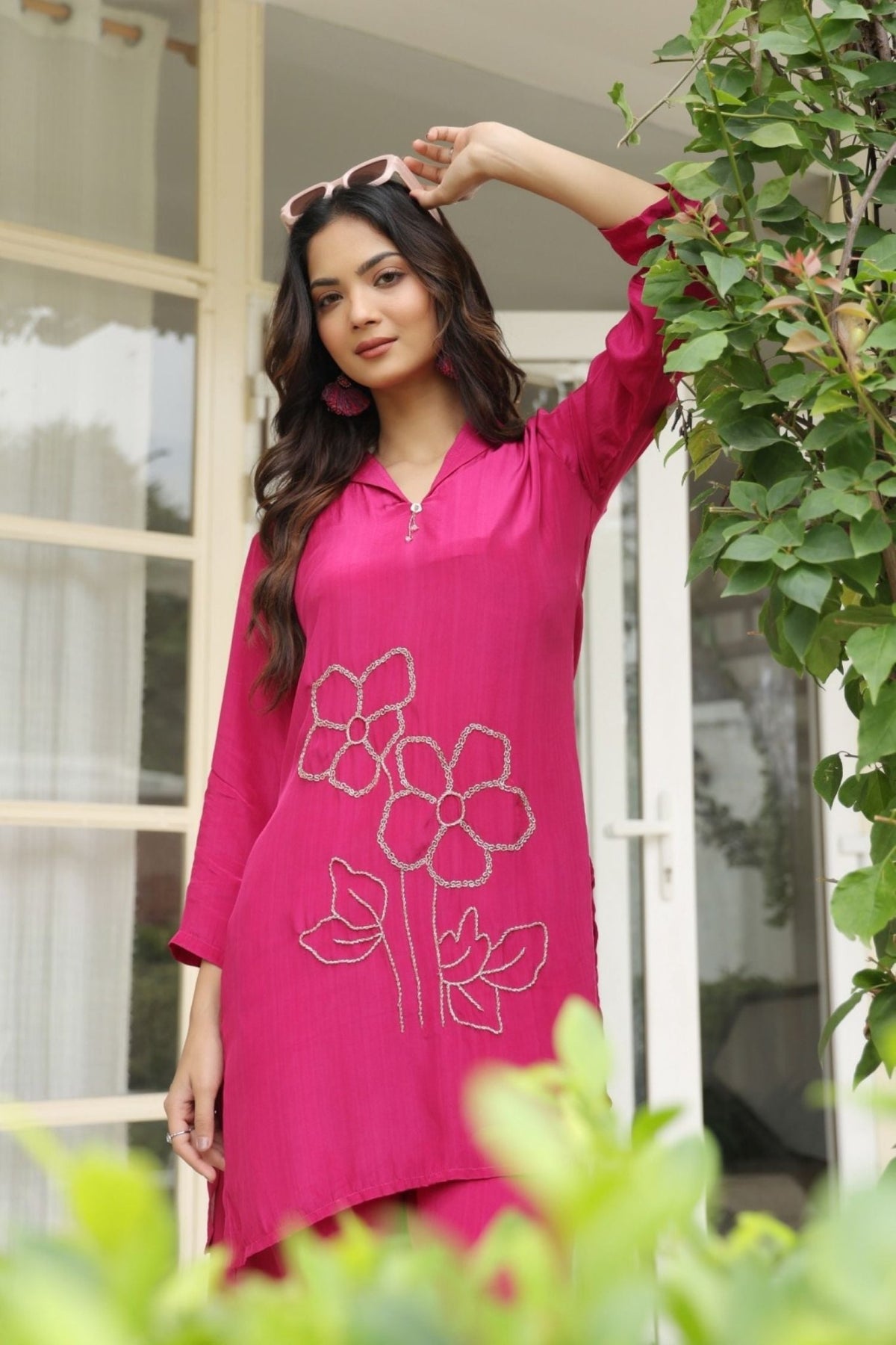 Fuchsia Pink Satin Golden Floral Embroidered Cord Set - Freyaa
