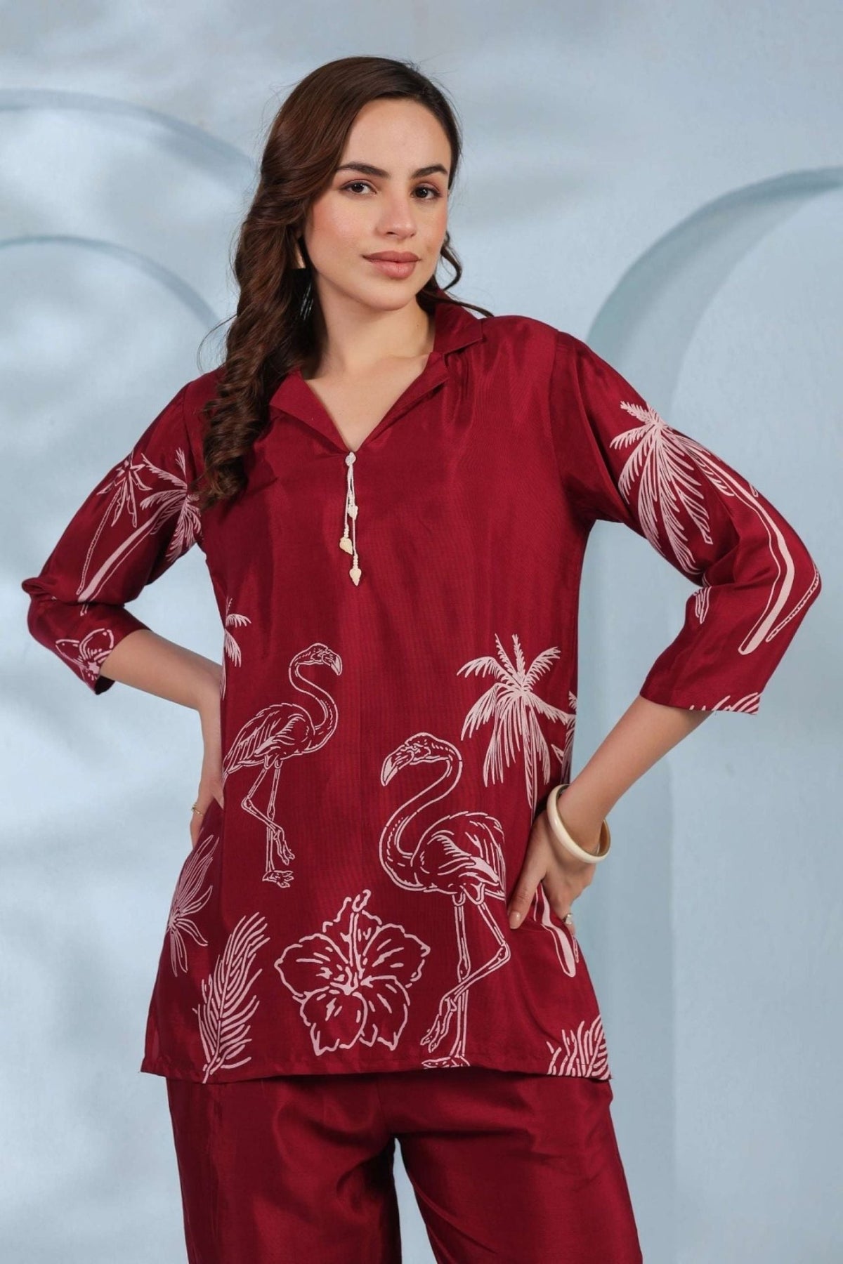 Maroon Red Co-ord Set with Tribal Print Pattern - Freyaa USA & Canada
