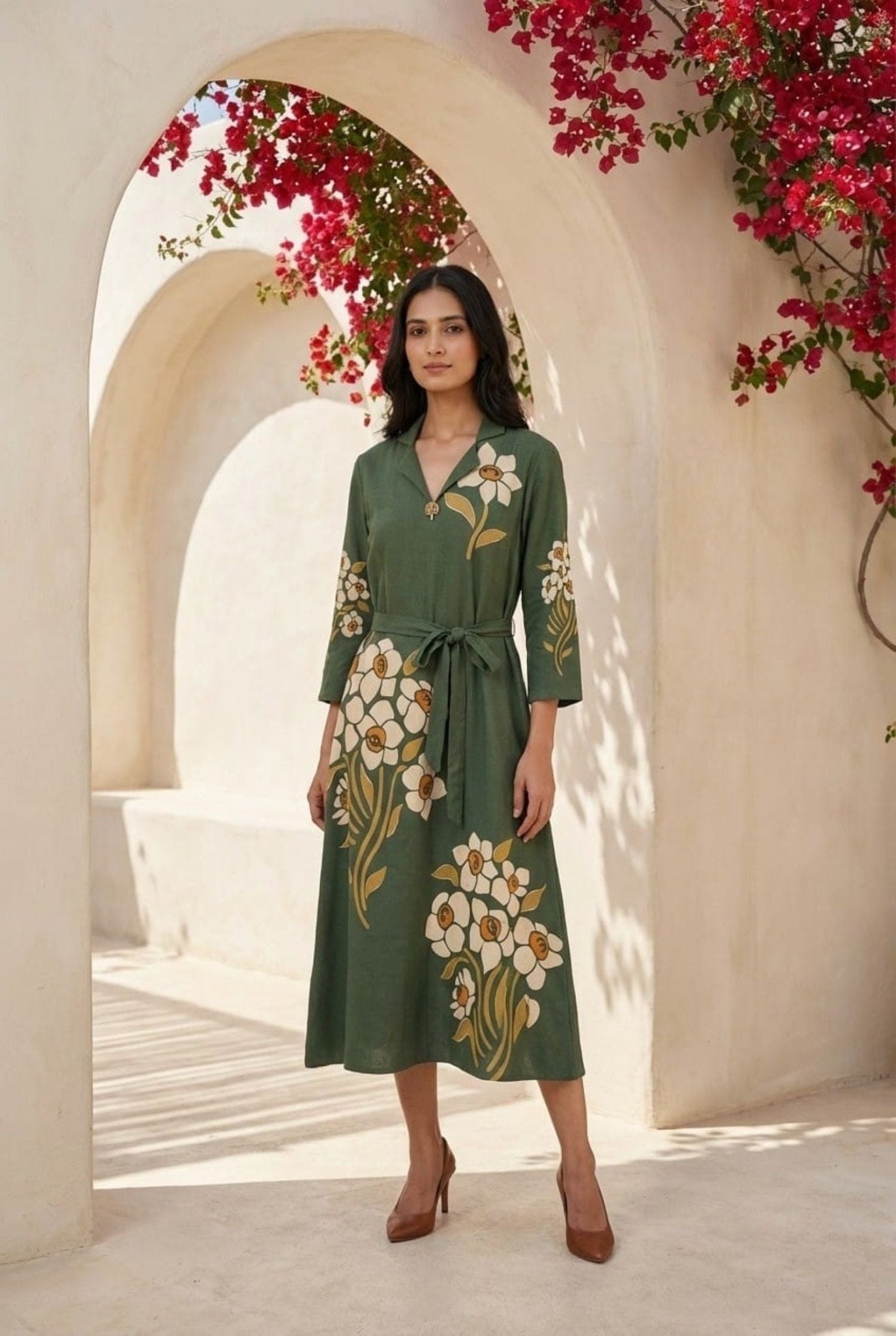 Leaf Green cotton Long Dress with Golden Floral Prints - Freyaa USA & Canada