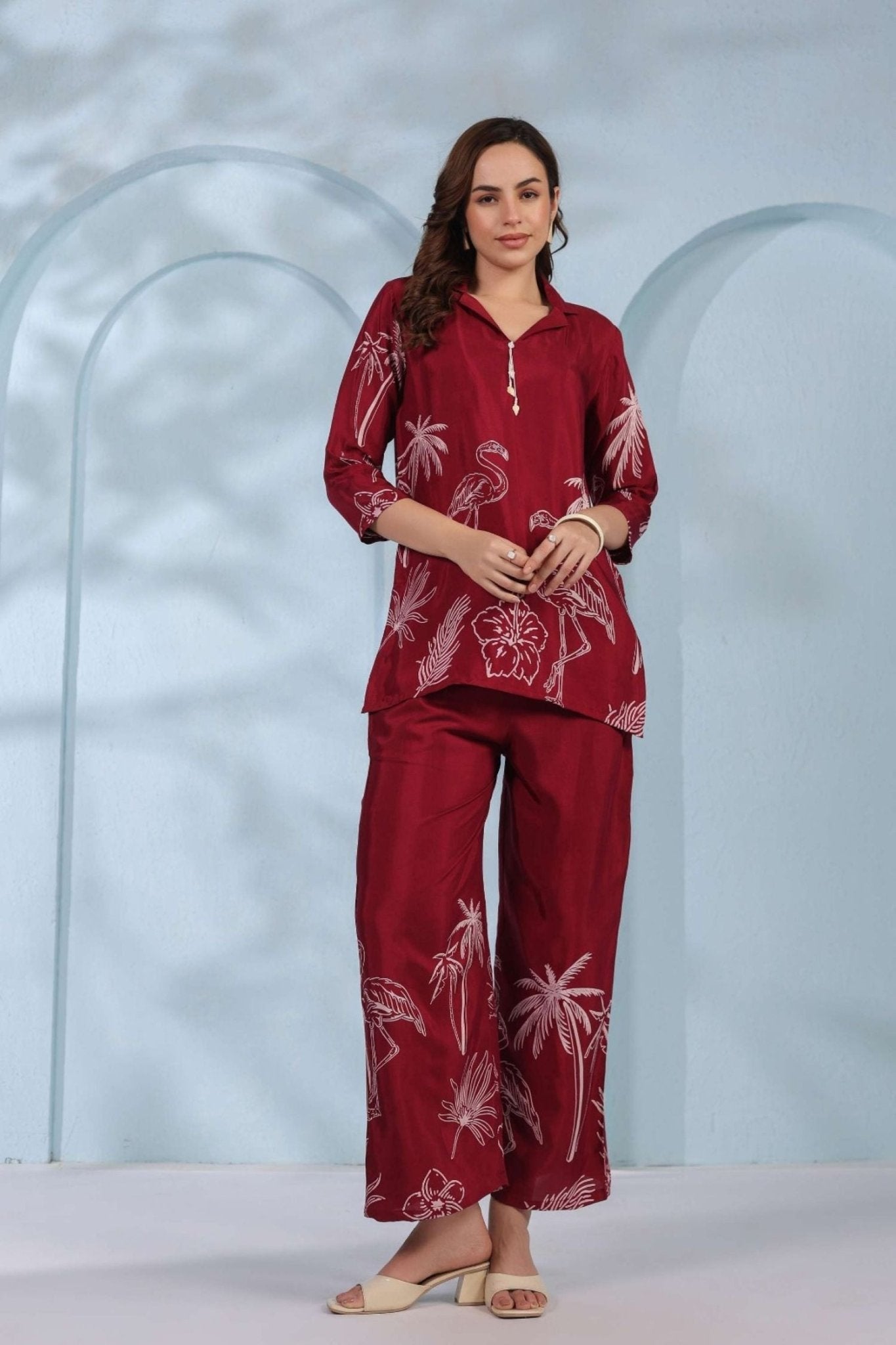 Maroon Red Co-ord Set with Tribal Print Pattern - Freyaa USA & Canada