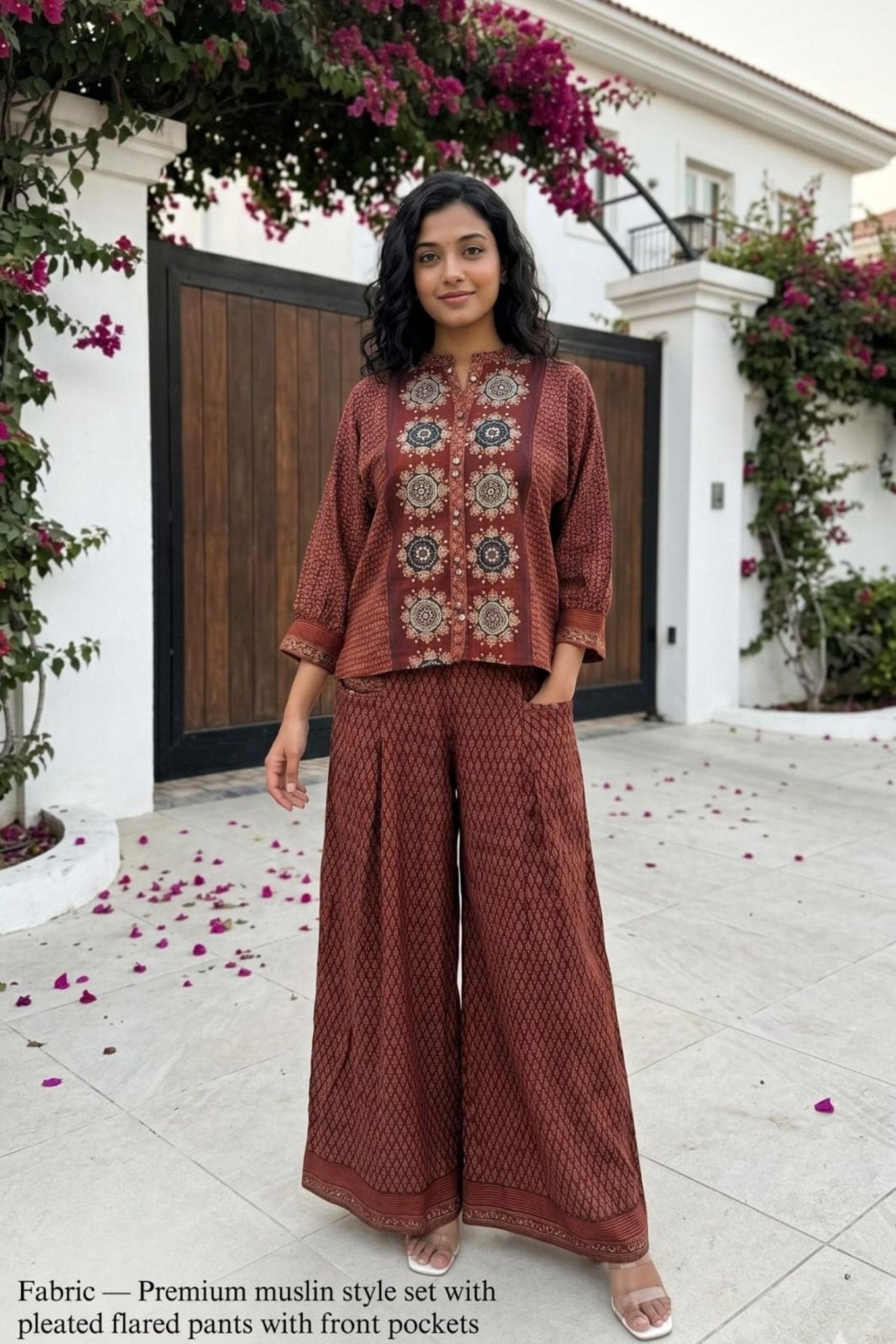 Maroon Abstract Print Co-ord Set - Freyaa USA & Canada
