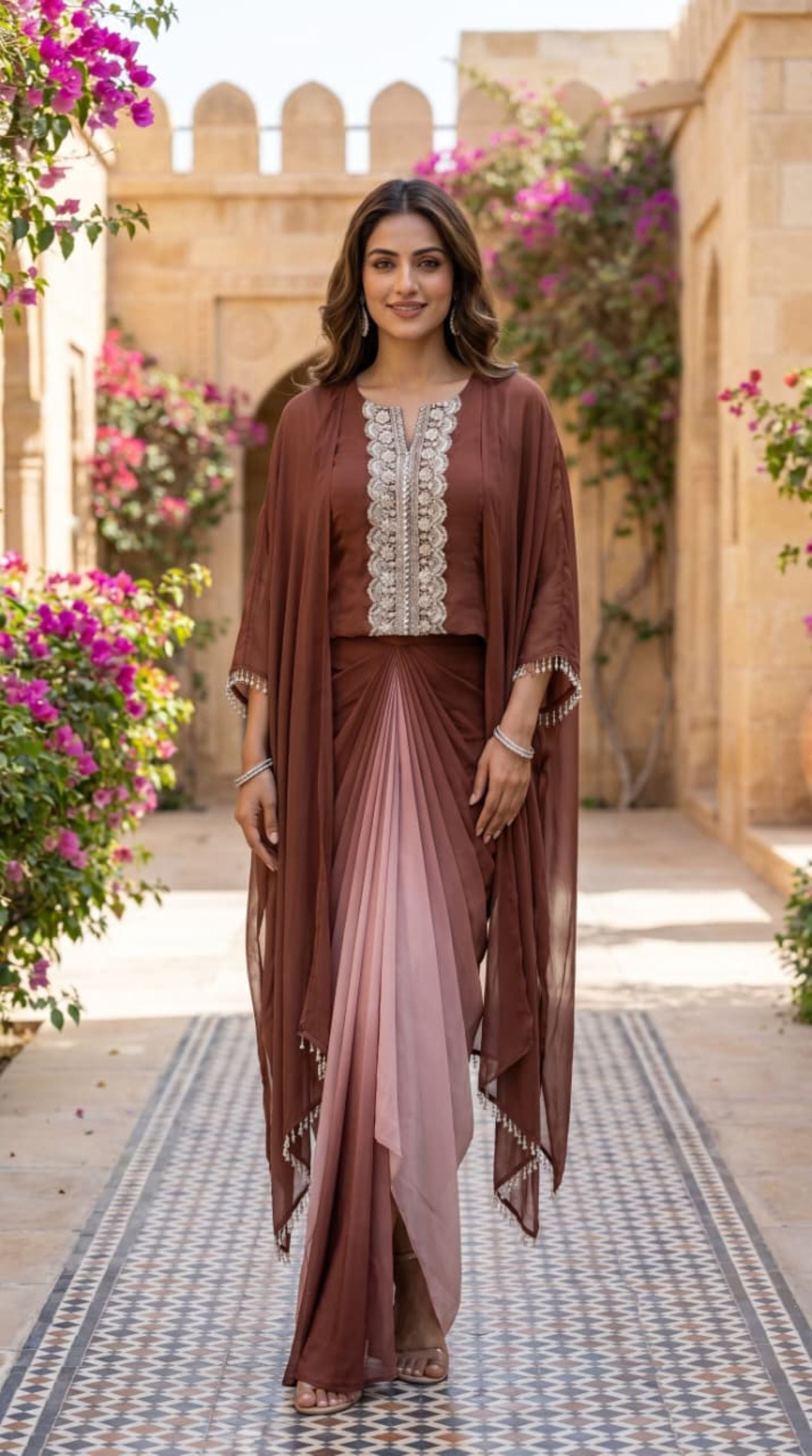 Chestnut Brown Ombre Draped Dhoti set
