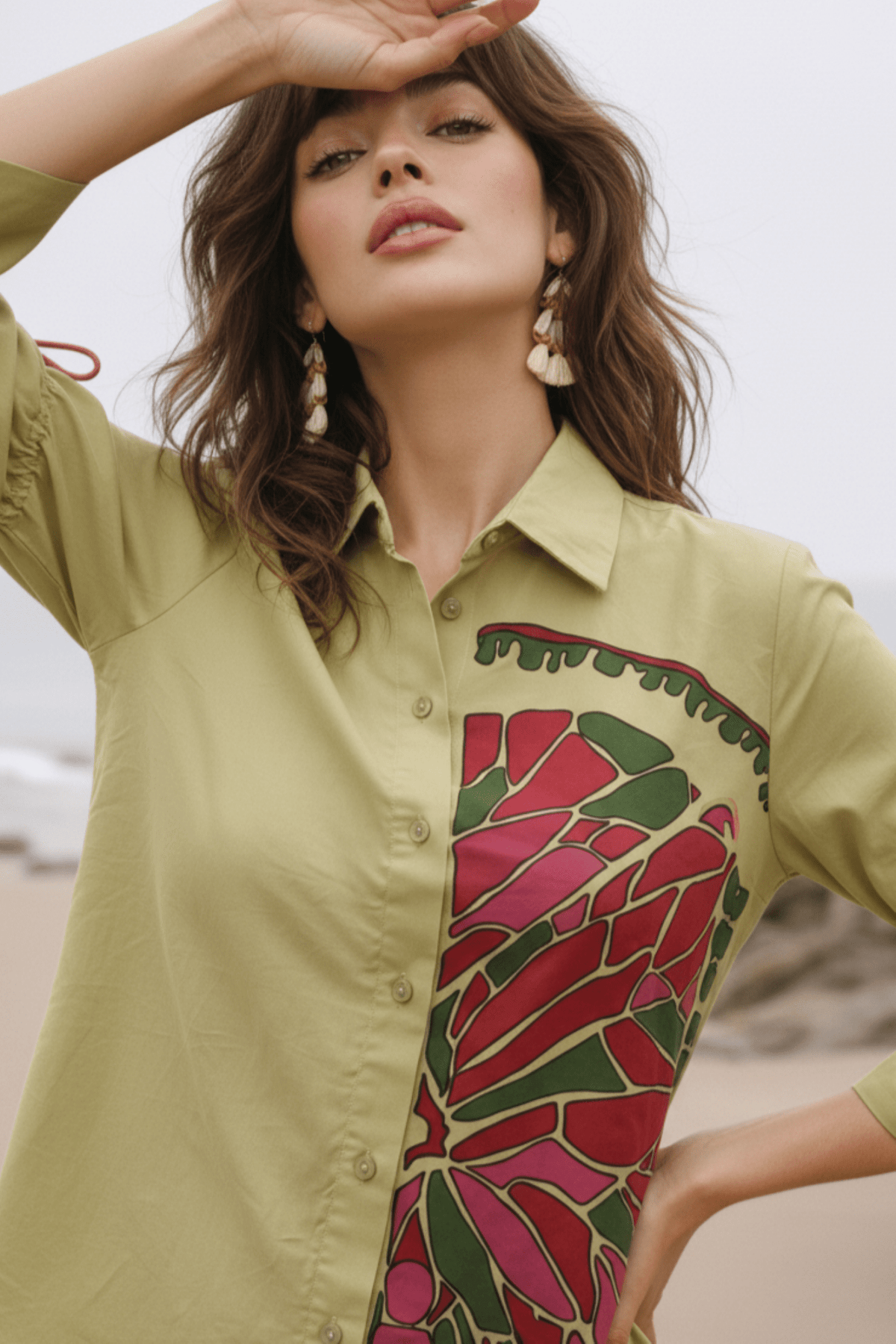 Relaxed Fit Printed Cotton Green Shirt. - Freyaa