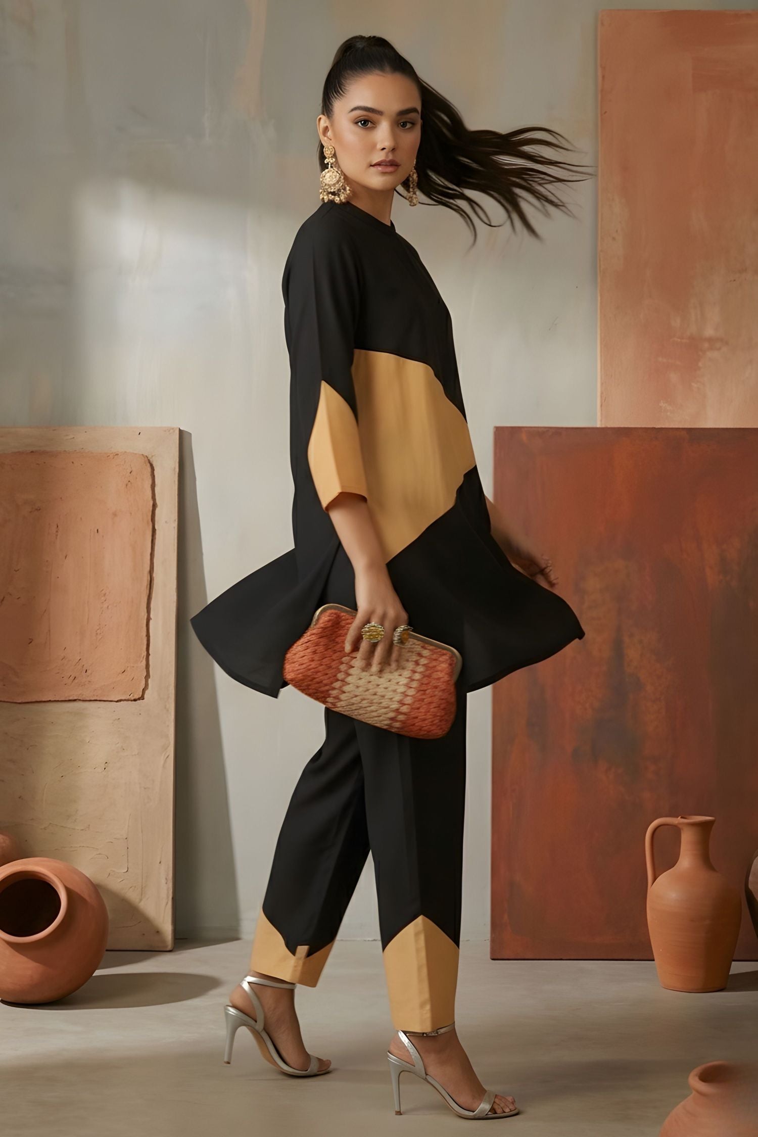 Black & Beige Color-Block Co-Ord Set