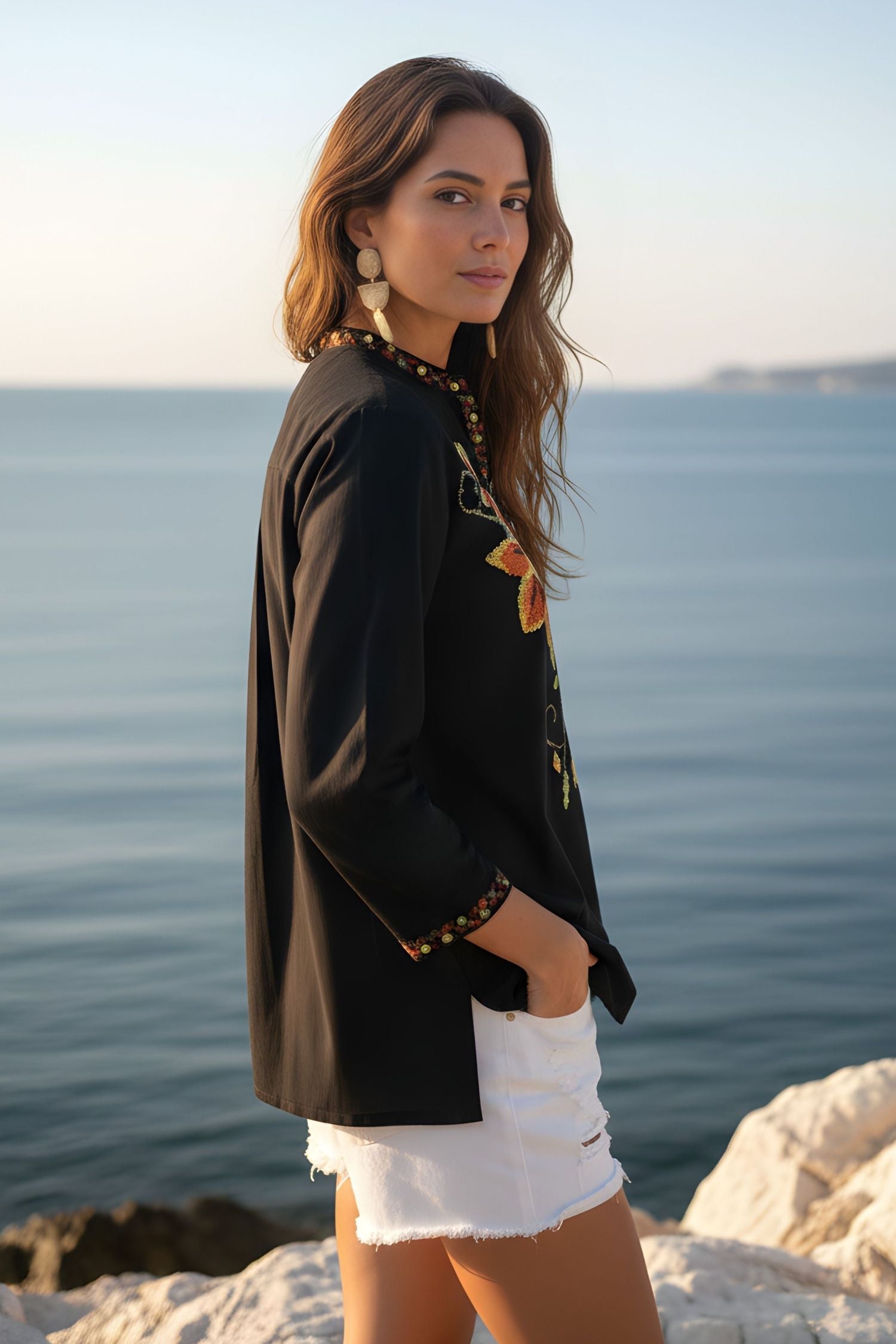 Black Floral Embroidered Tunic Top