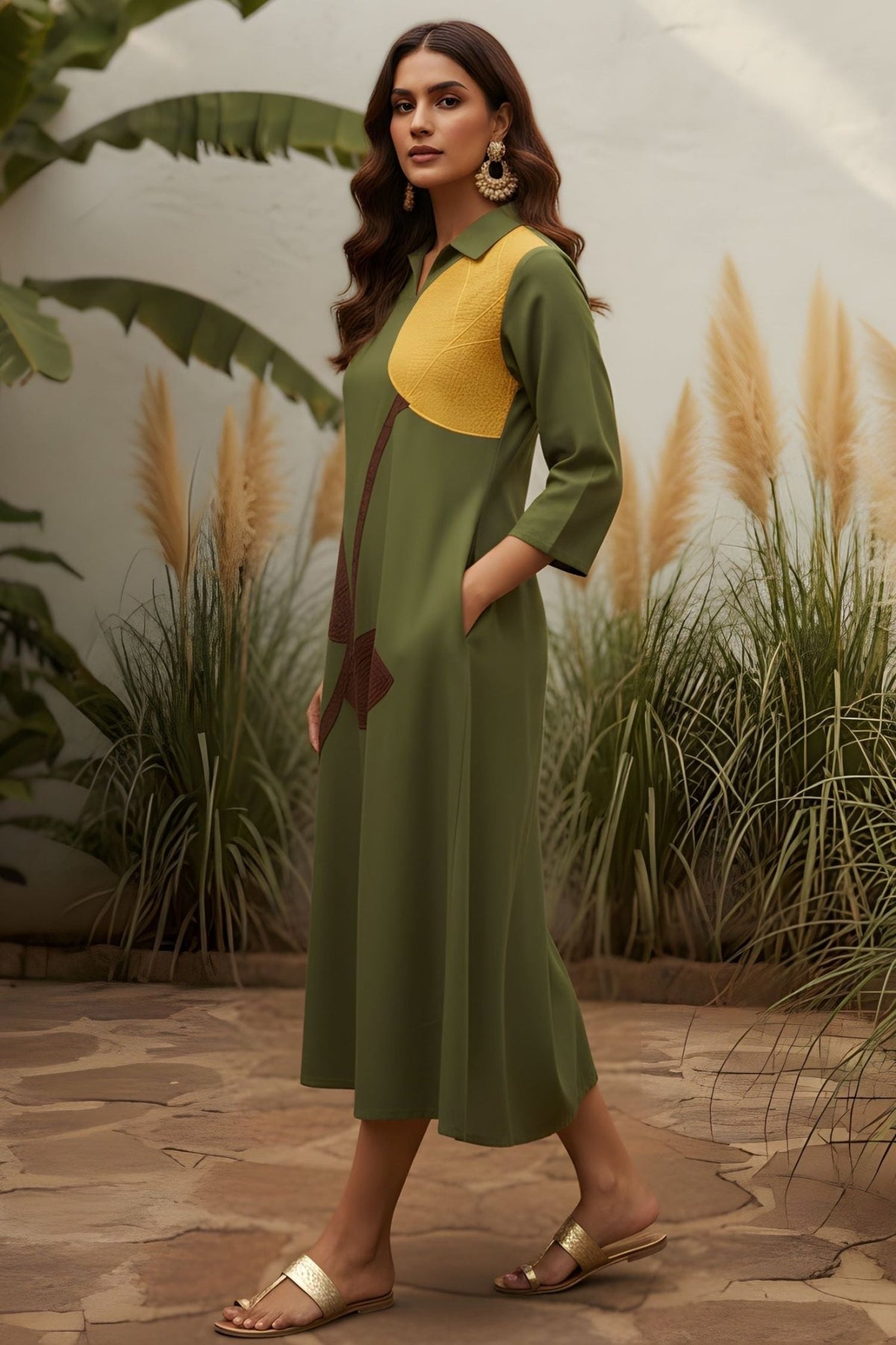 Regular Fit Leaf Green Collar Neck Dress. - Freyaa USA & Canada