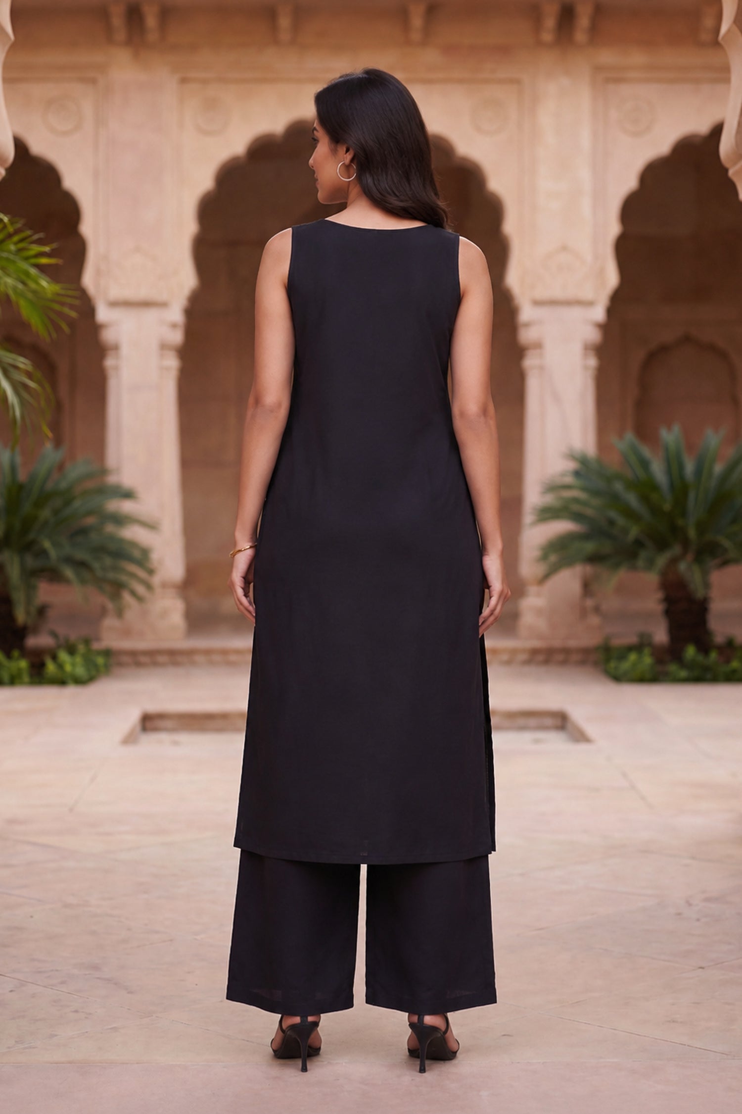 Black Sleeveless Mirror Work Cotton Kurta & Palazzo Co-Ord Set