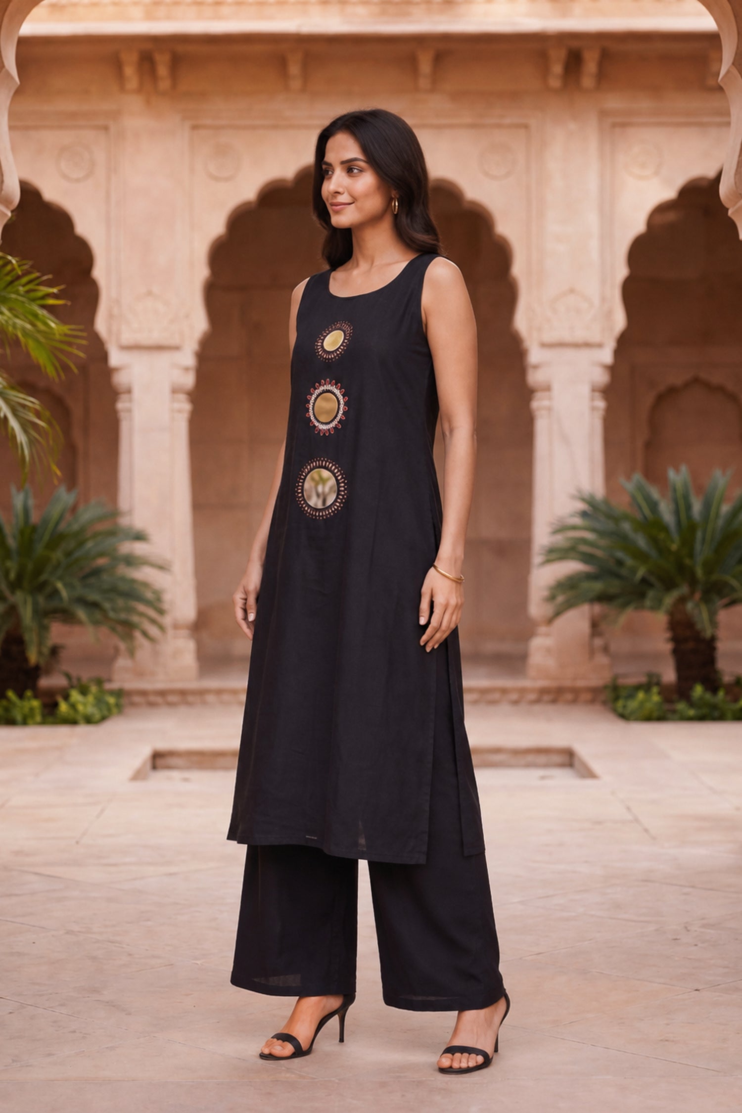Black Sleeveless Mirror Work Cotton Kurta & Palazzo Co-Ord Set