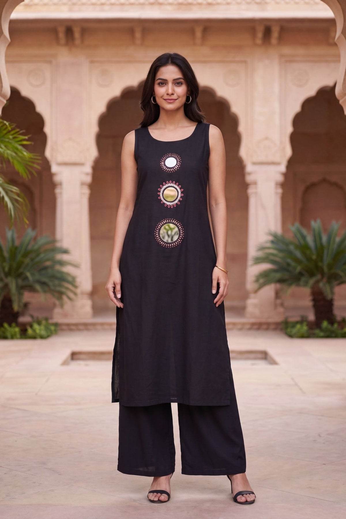 Black Sleeveless Mirror Work Cotton Kurta & Palazzo Co-Ord Set - Freyaa