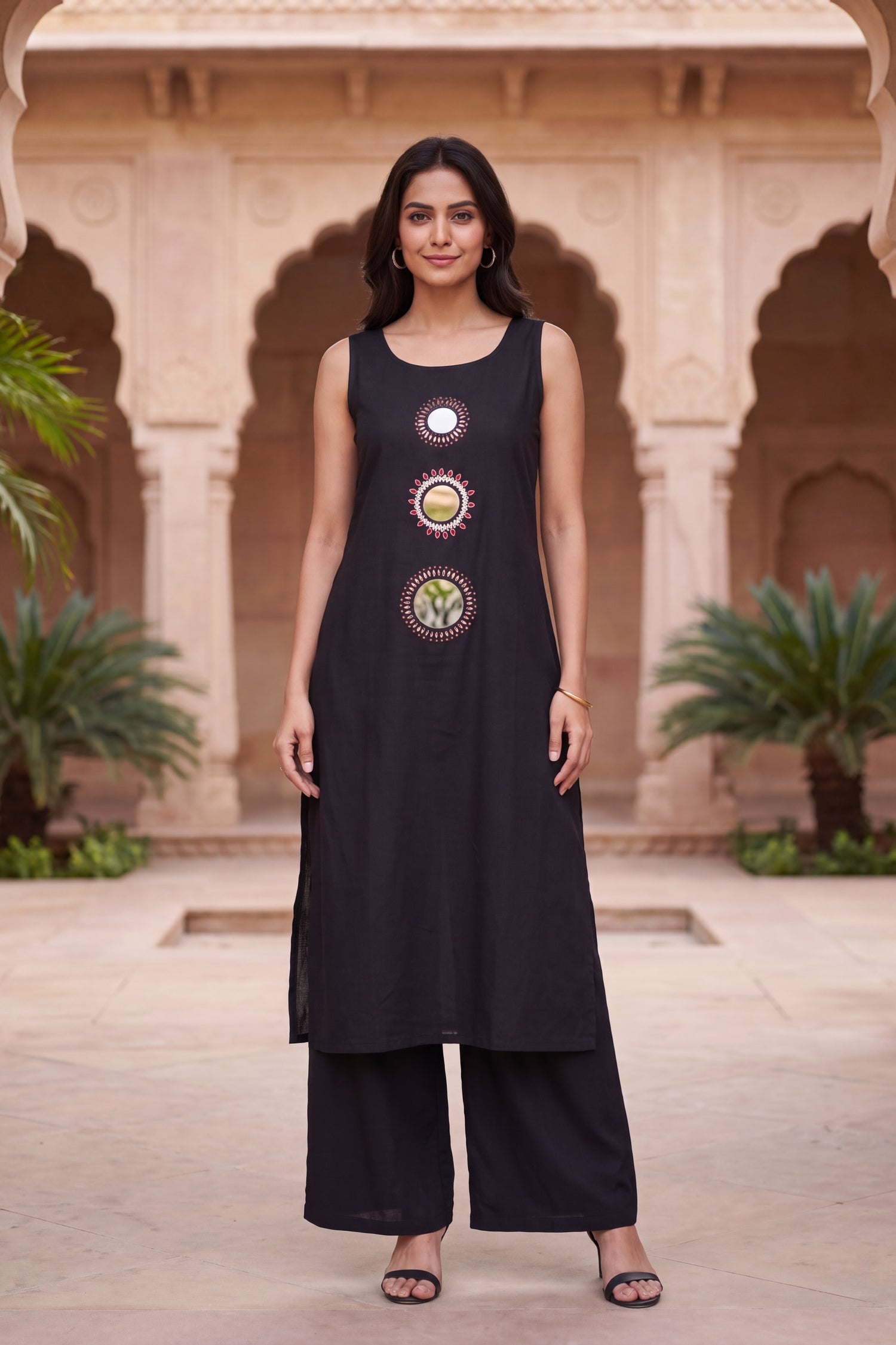 Black Sleeveless Mirror Work Cotton Kurta & Palazzo Co-Ord Set