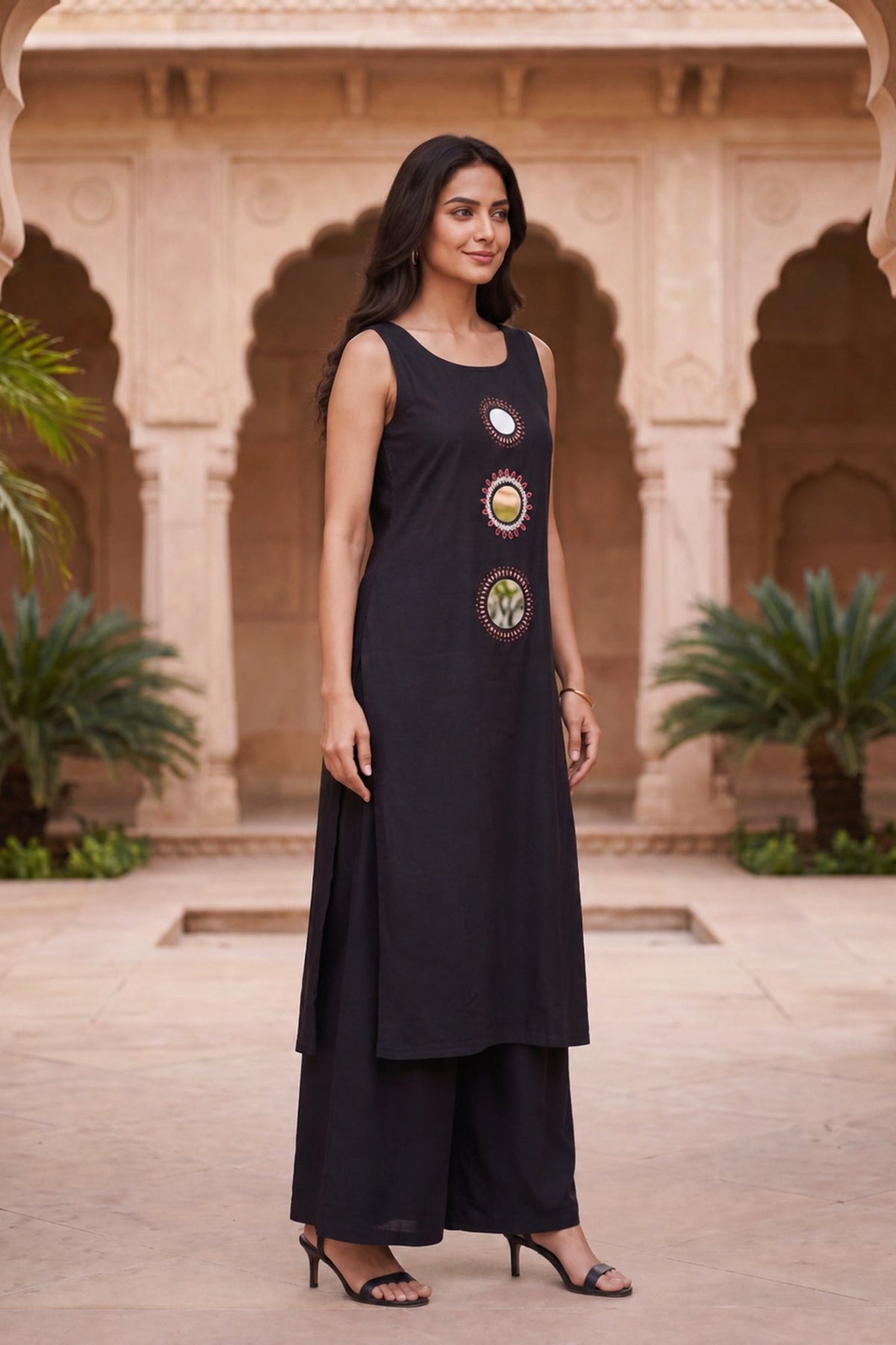 Black Sleeveless Mirror Work Cotton Kurta & Palazzo Co-Ord Set - Freyaa