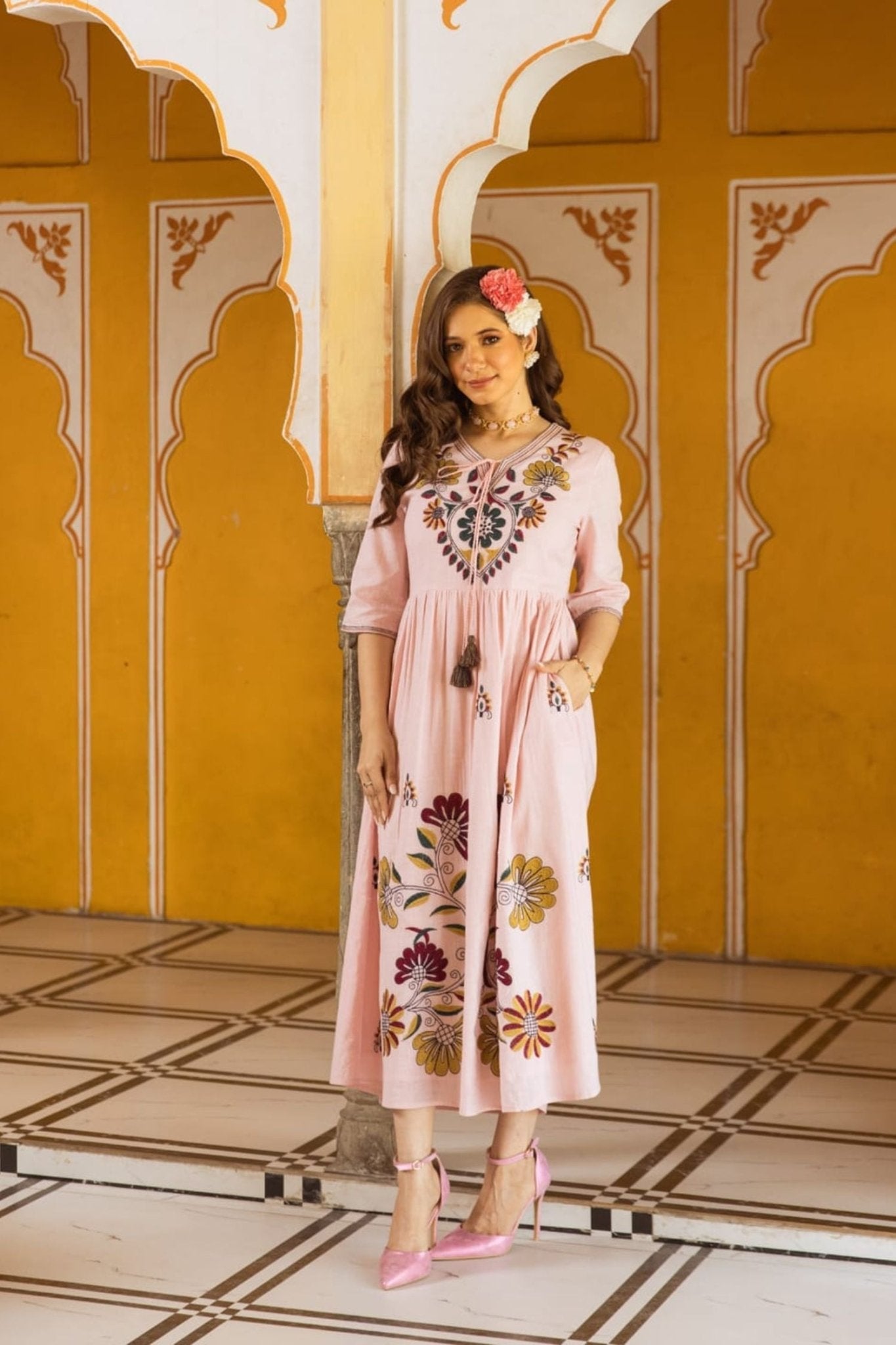 Long Dress With Neck Embroidery Work - Freyaa USA & Canada