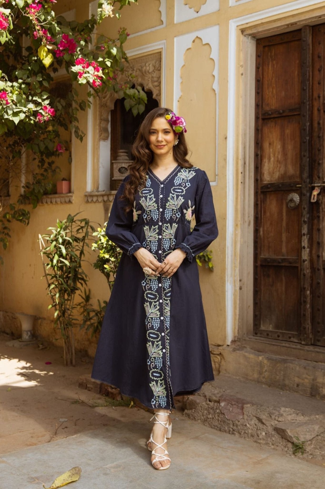 Navy Blue Grace Hand Embroidery Long Dress - Freyaa USA & Canada