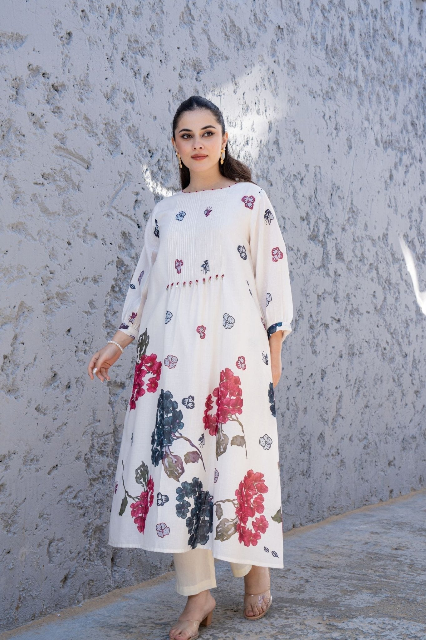 Soft Bloom Off-White Cord Set with Floral Prints - Freyaa USA & Canada