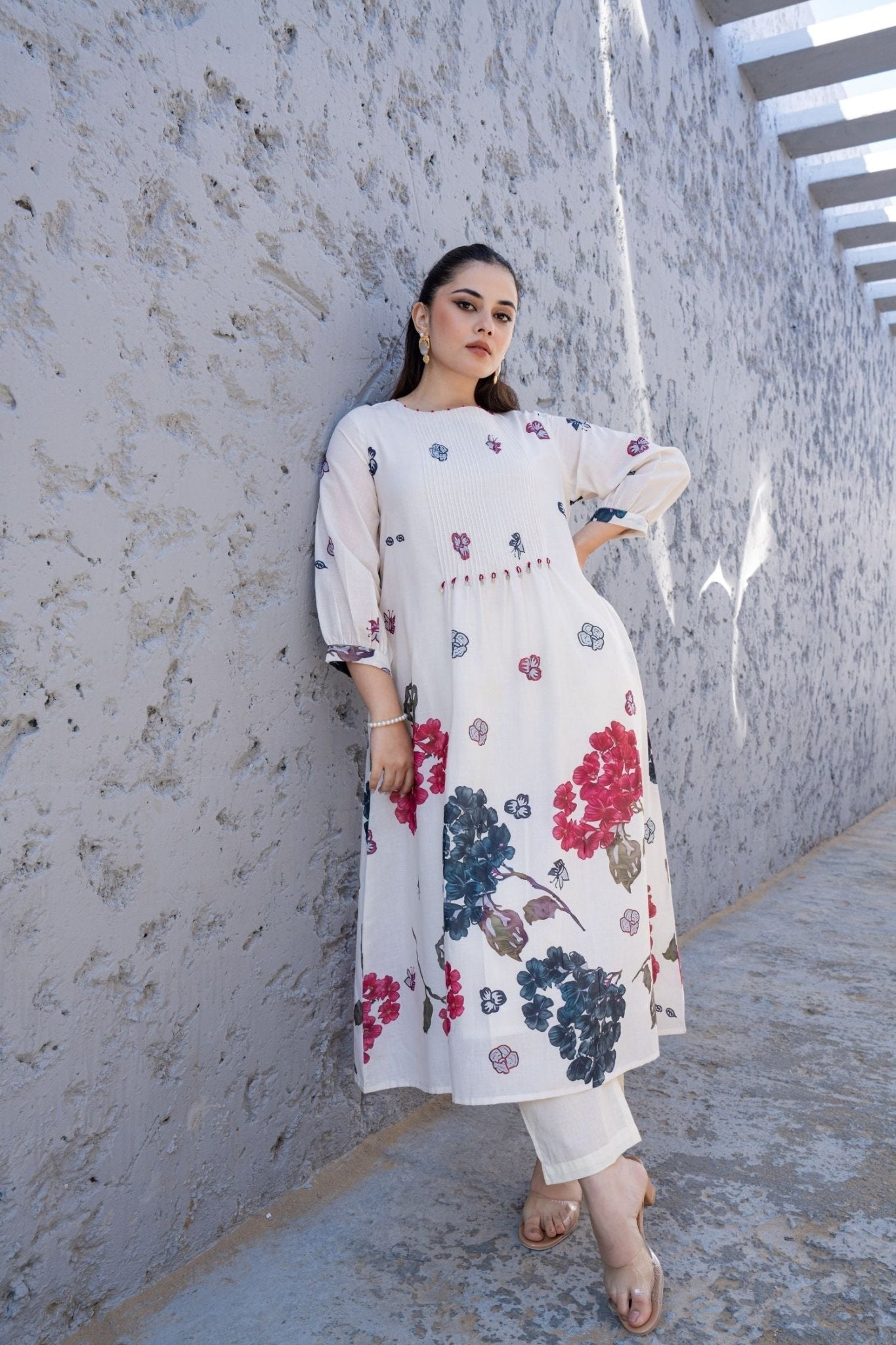Soft Bloom Off-White Cord Set with Floral Prints - Freyaa USA & Canada