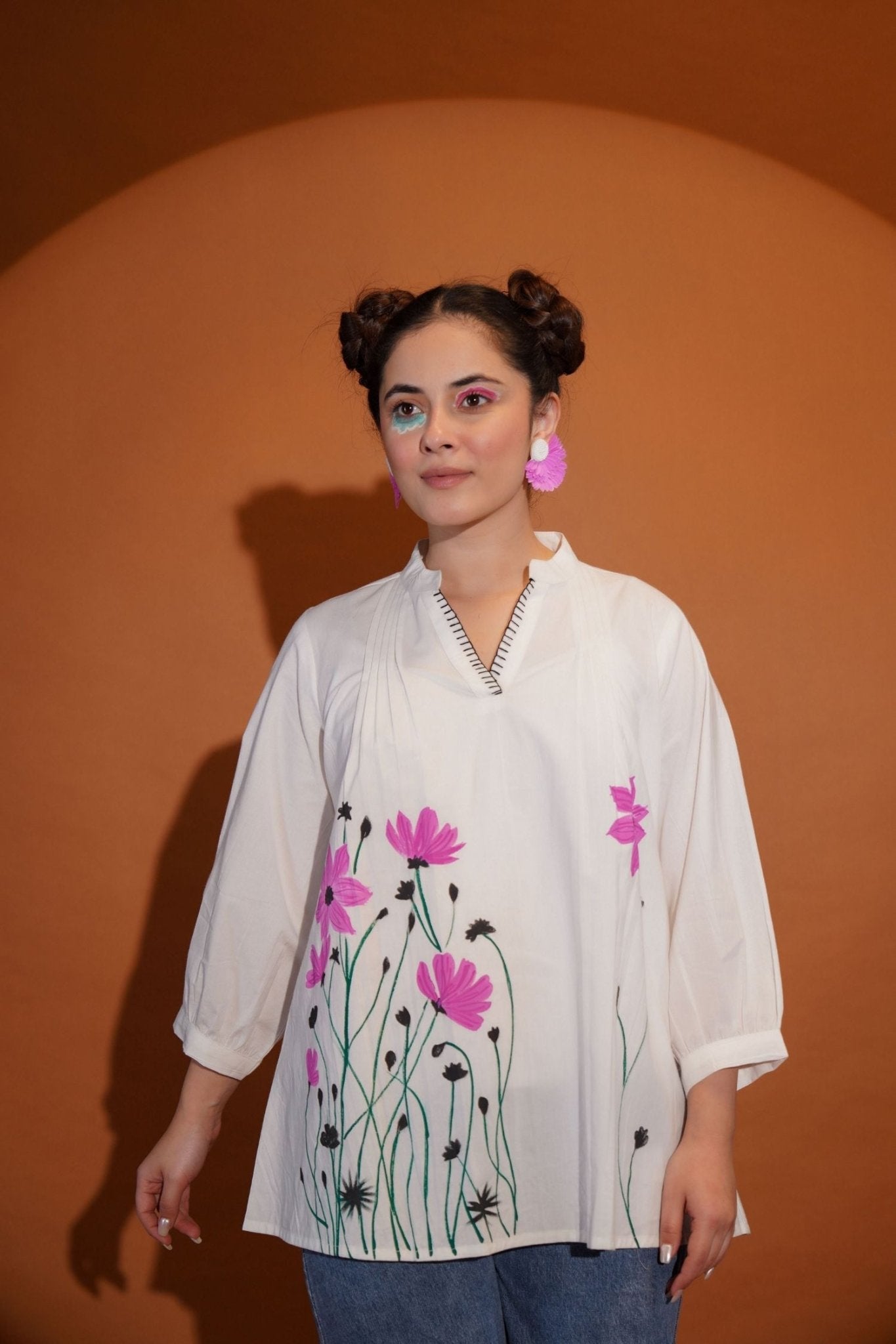 White Charm with Pink Blossoms Top - Freyaa USA & Canada