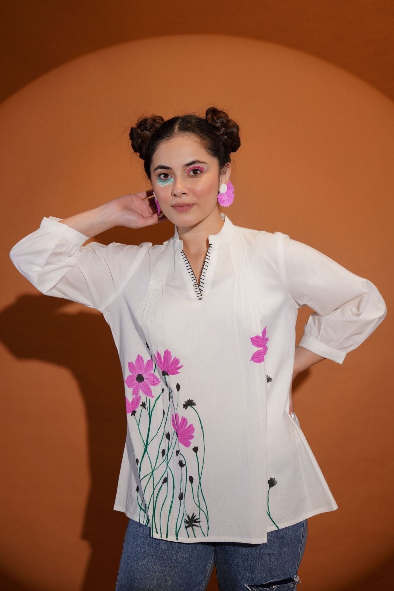 White Charm with Pink Blossoms Top - Freyaa USA & Canada