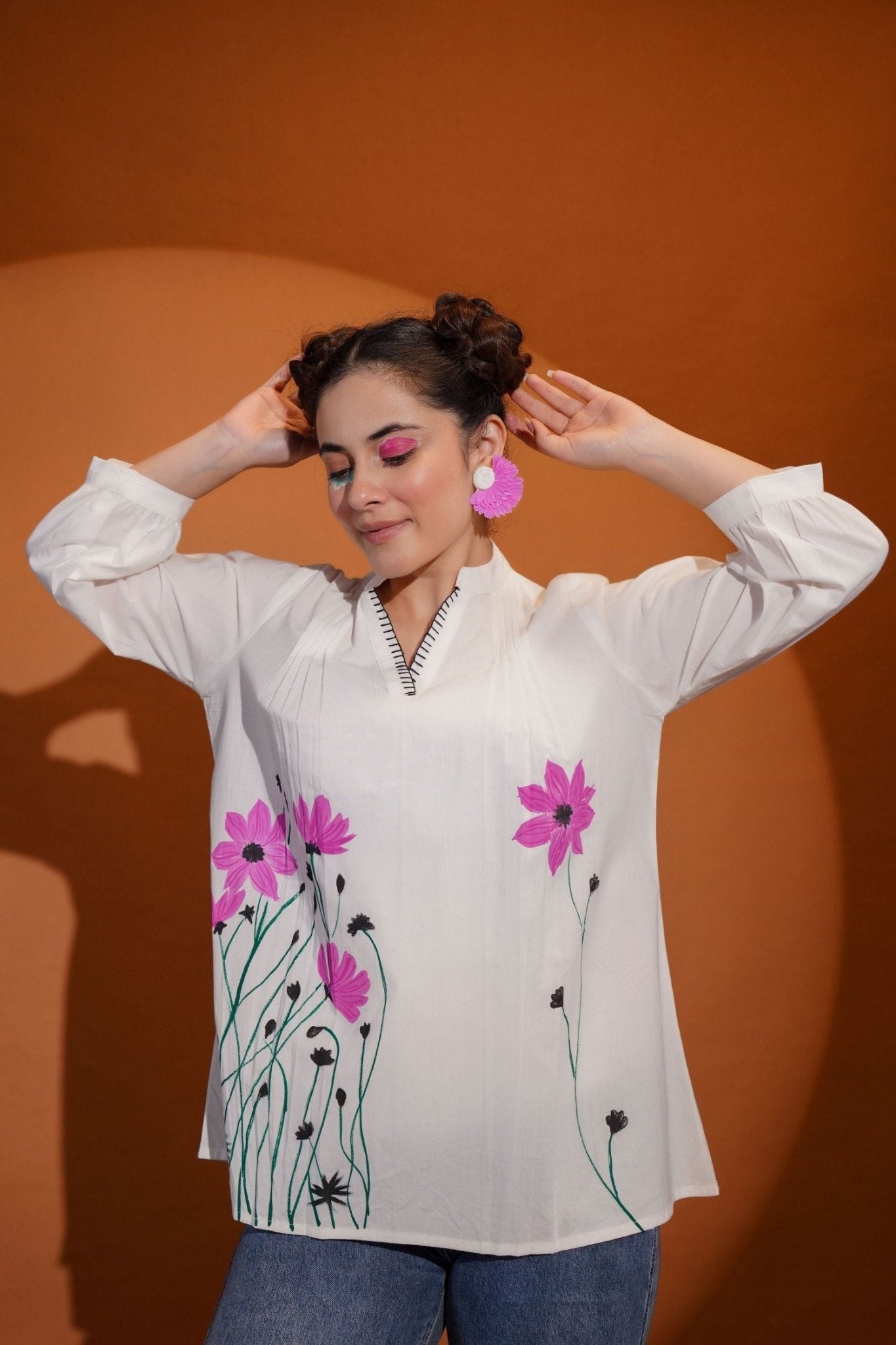 White Charm with Pink Blossoms Top - Freyaa USA & Canada