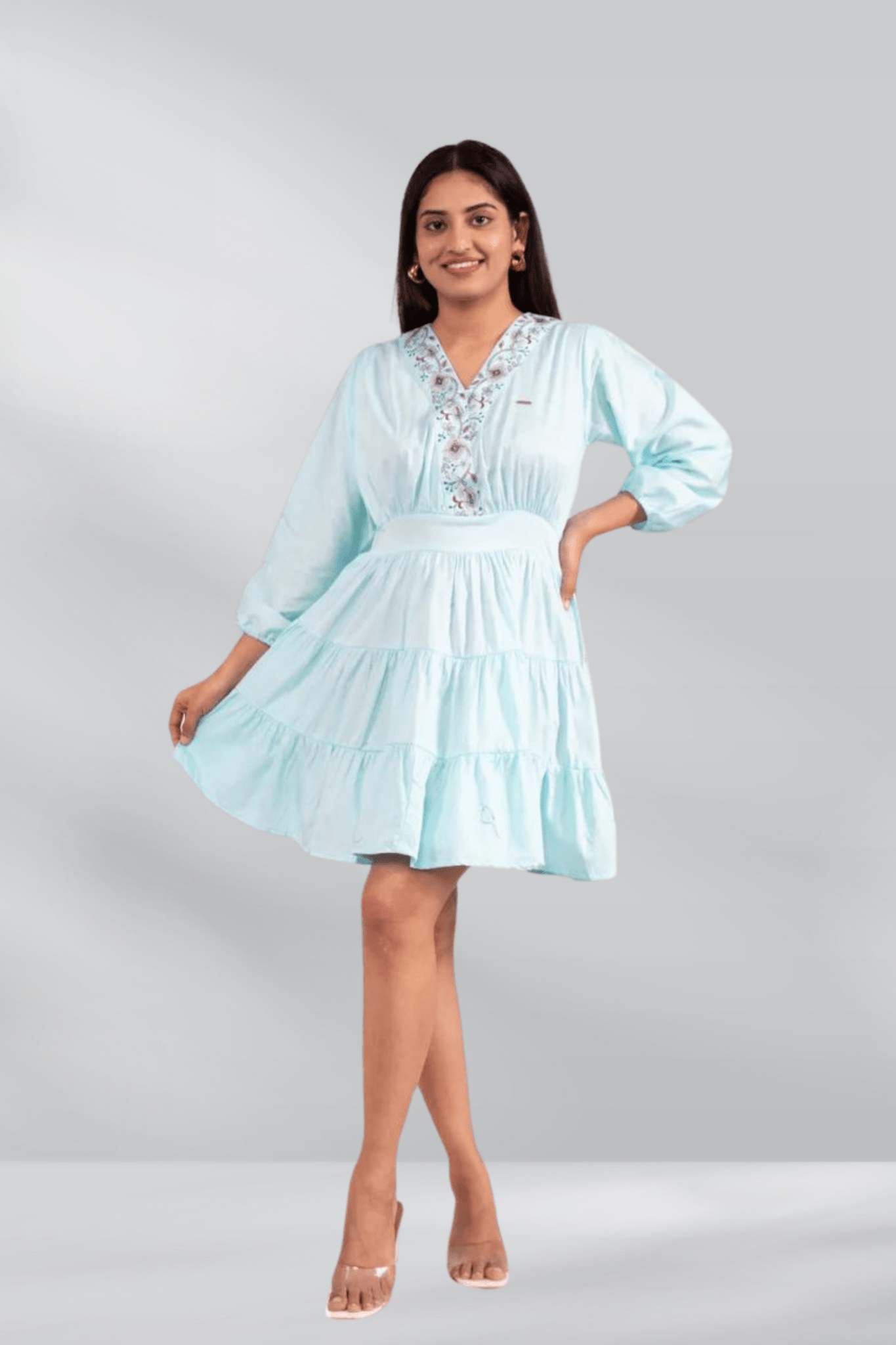 Gazi Silk V Neck Embroidered Tunics - Sea Green - Freyaa USA & Canada