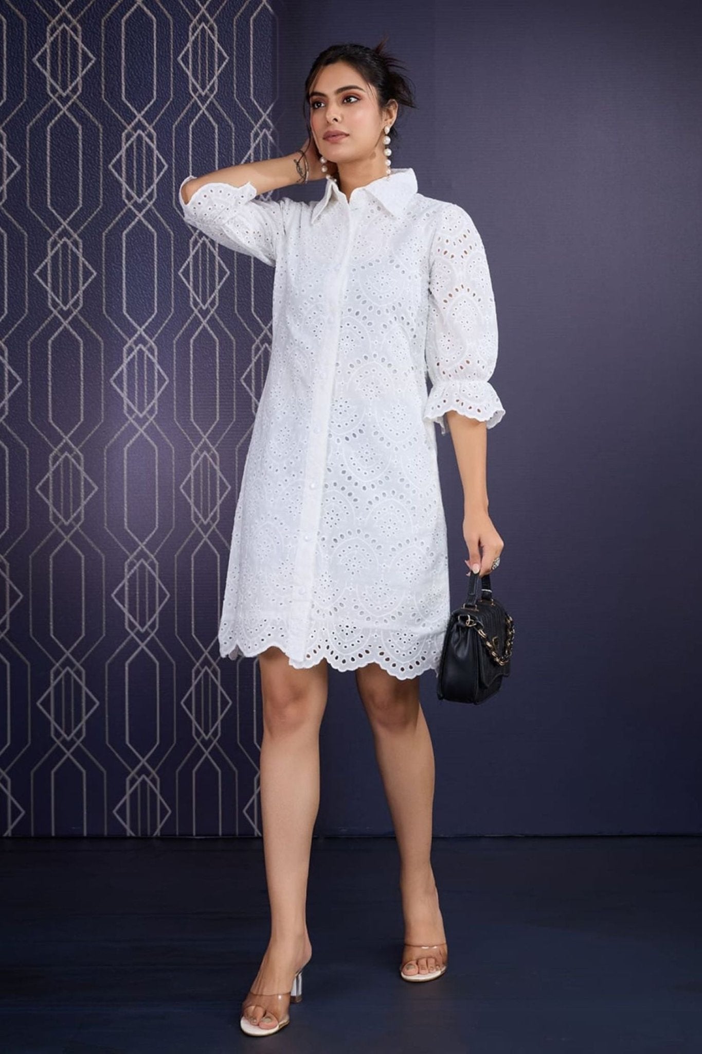Cotton Schiffli Puff Sleeves Shirt Dress - Freyaa USA & Canada