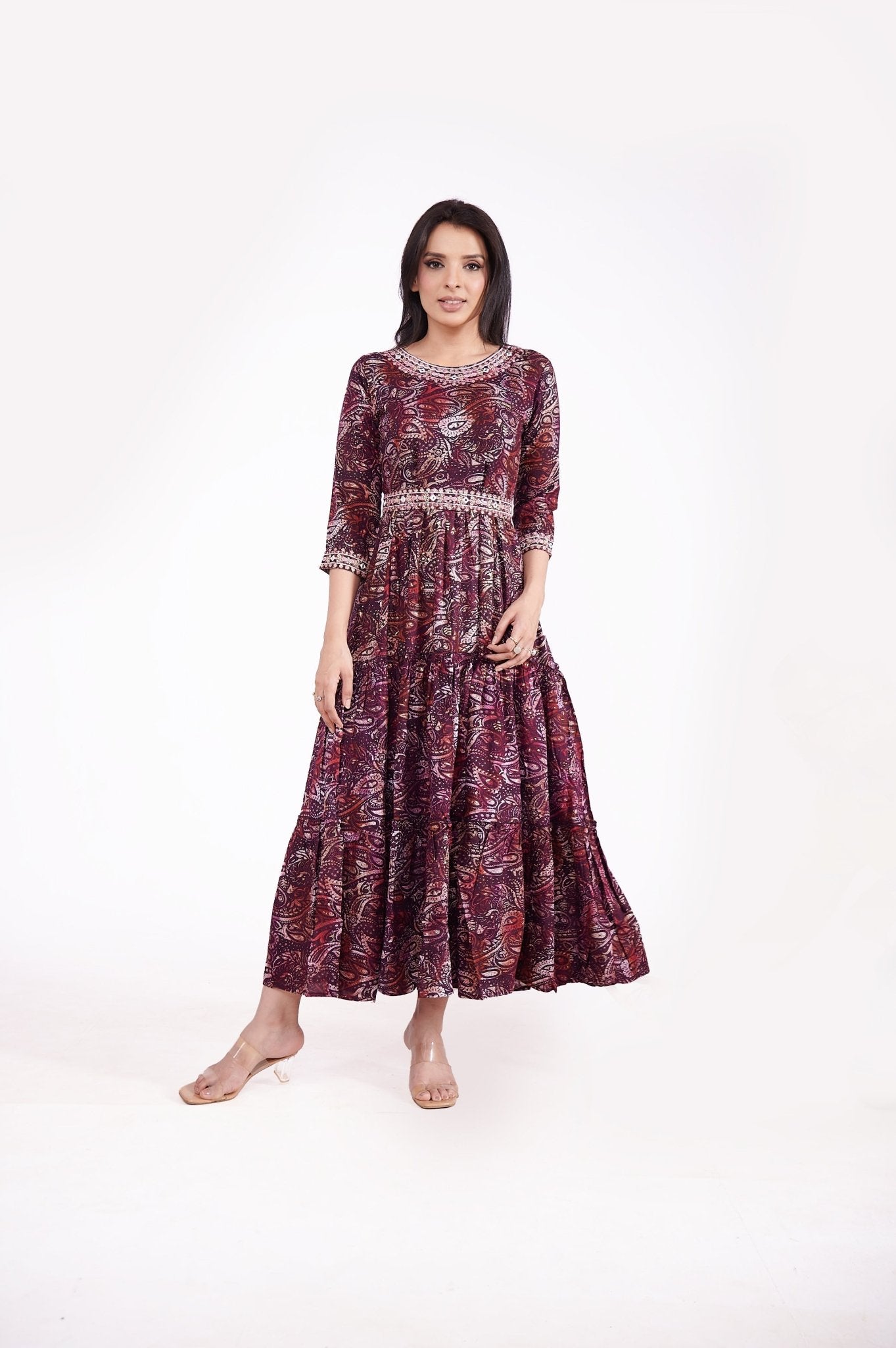 Rayon Pasley Printed Neck Embroidered Ethnic Dress - Freyaa USA & Canada