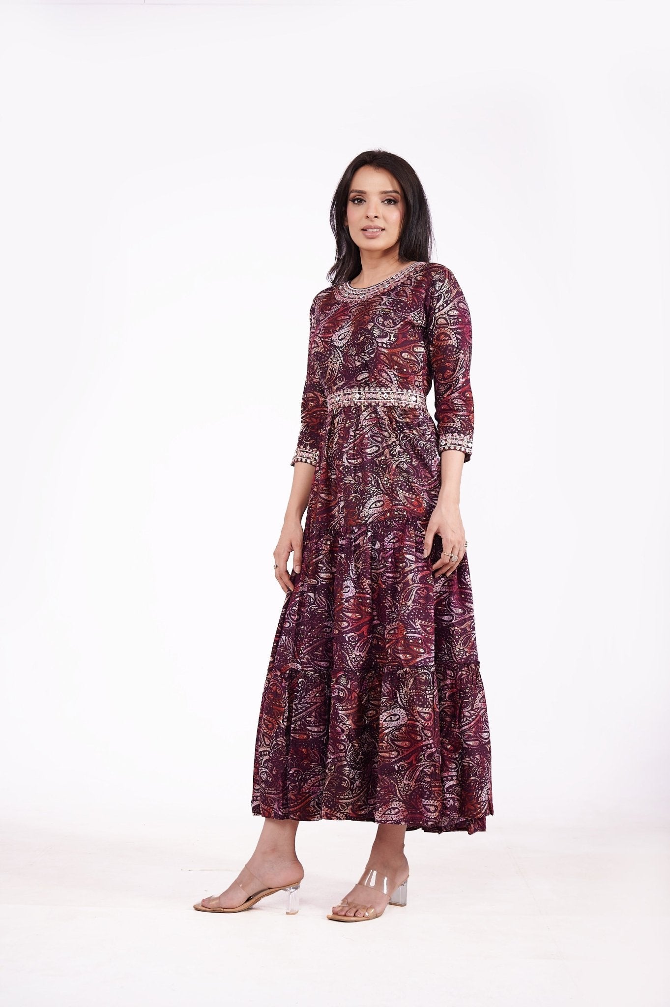 Rayon Pasley Printed Neck Embroidered Ethnic Dress - Freyaa USA & Canada