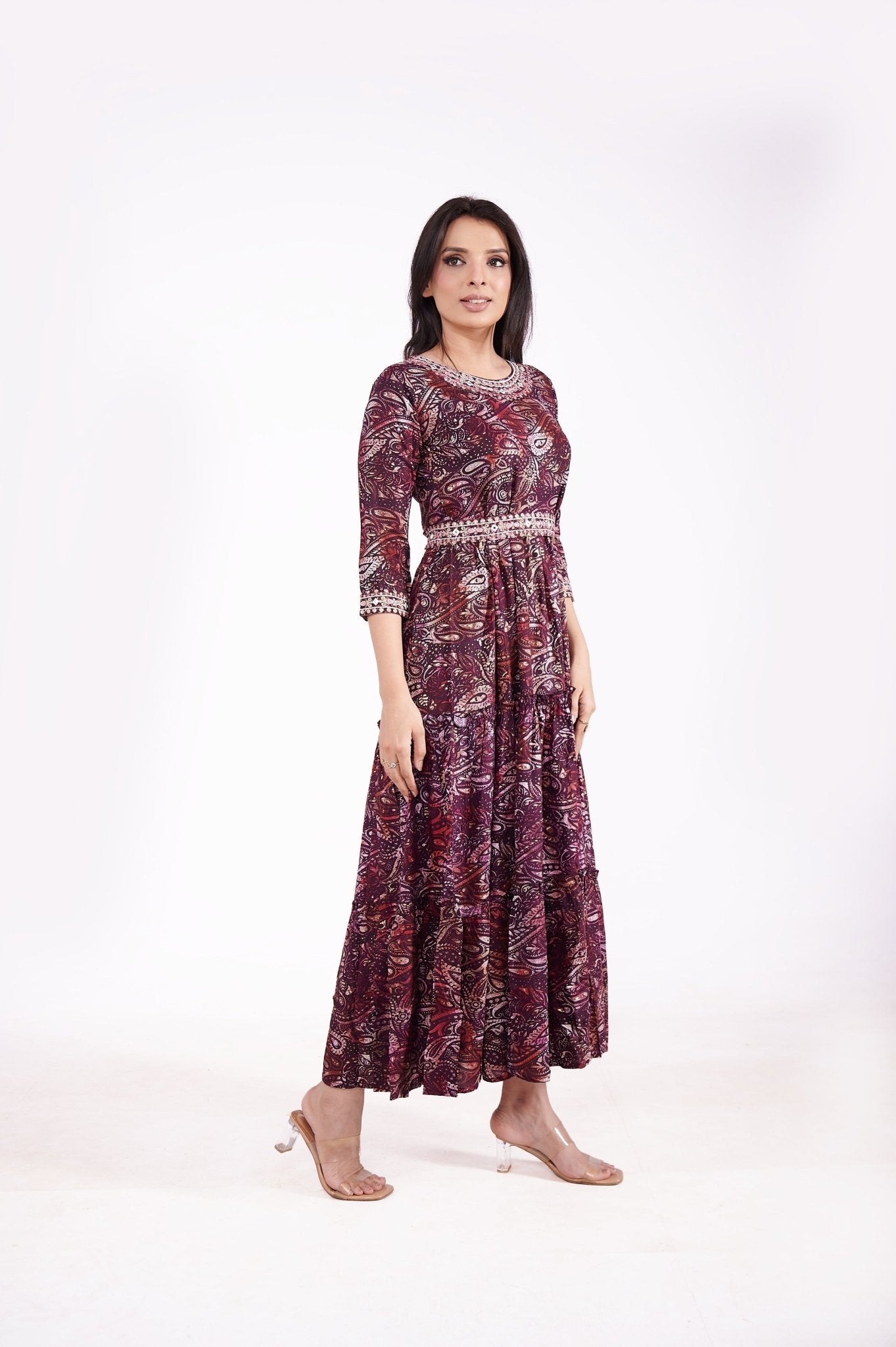 Rayon Pasley Printed Neck Embroidered Ethnic Dress - Freyaa USA & Canada