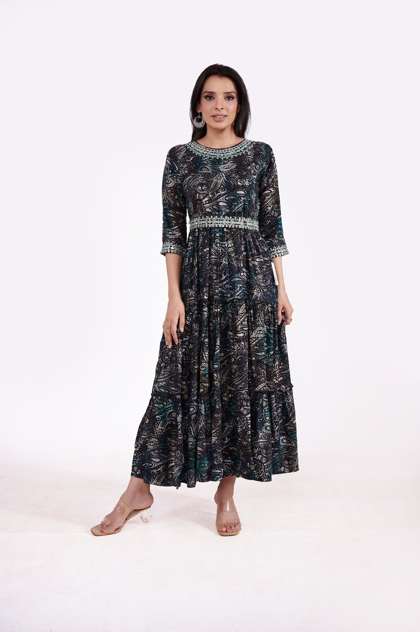 Rayon Pasley Printed Neck Embroidered Ethnic Dress - Freyaa USA & Canada