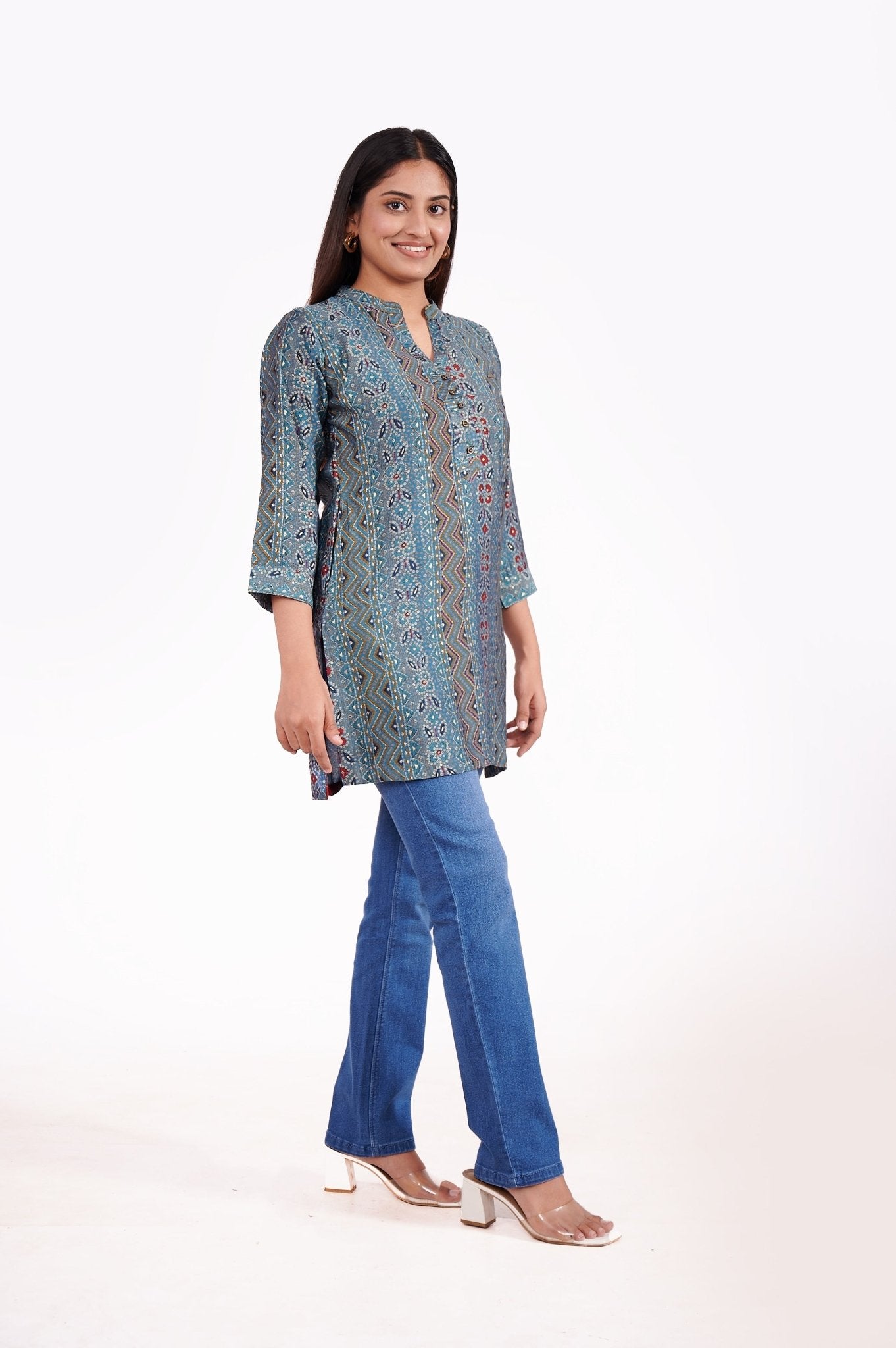 Foil Printed A Line Tunic Top - Freyaa USA & Canada