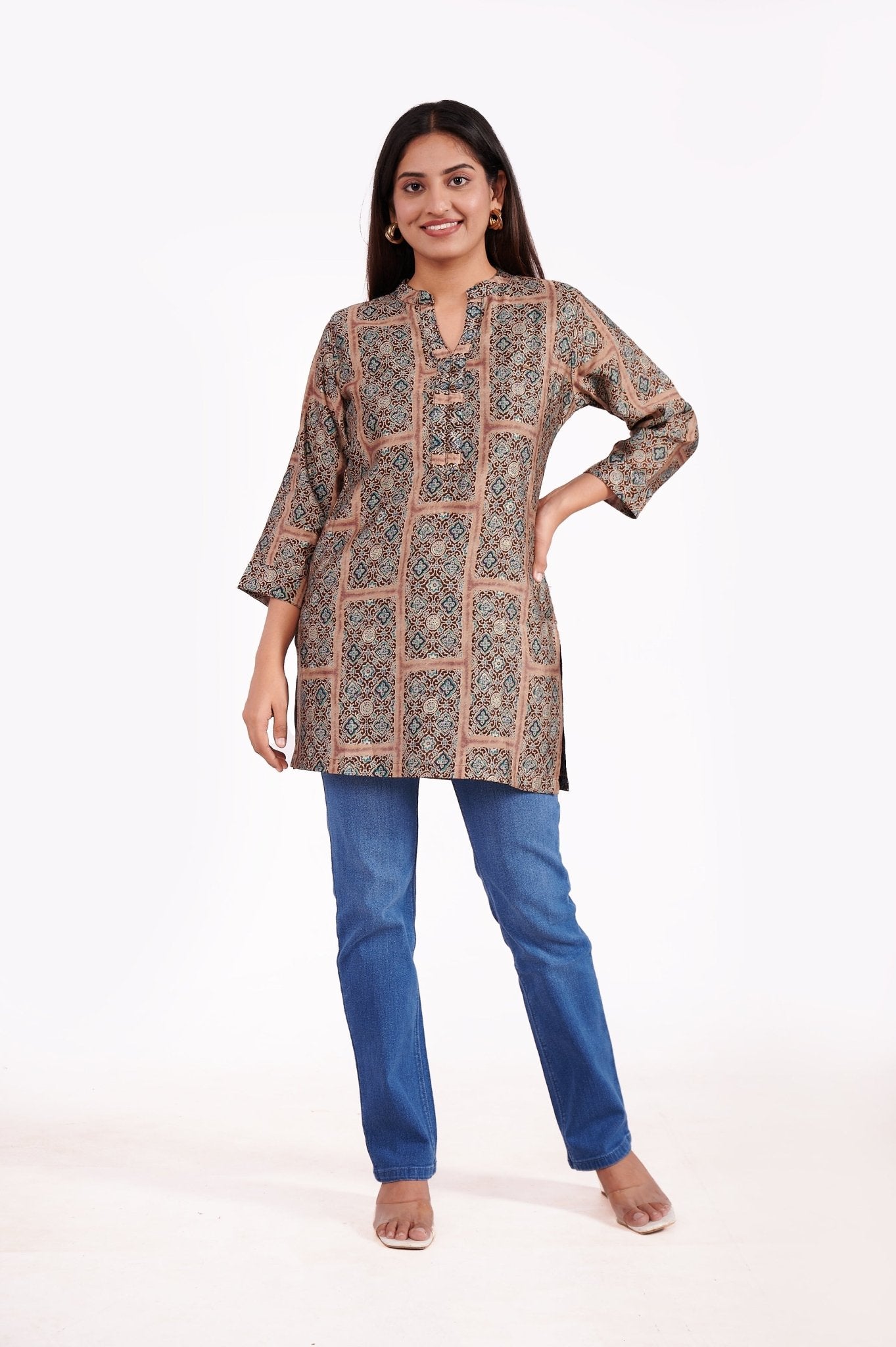 Modal Chanderi printed A Line Tunic Top - Freyaa USA & Canada