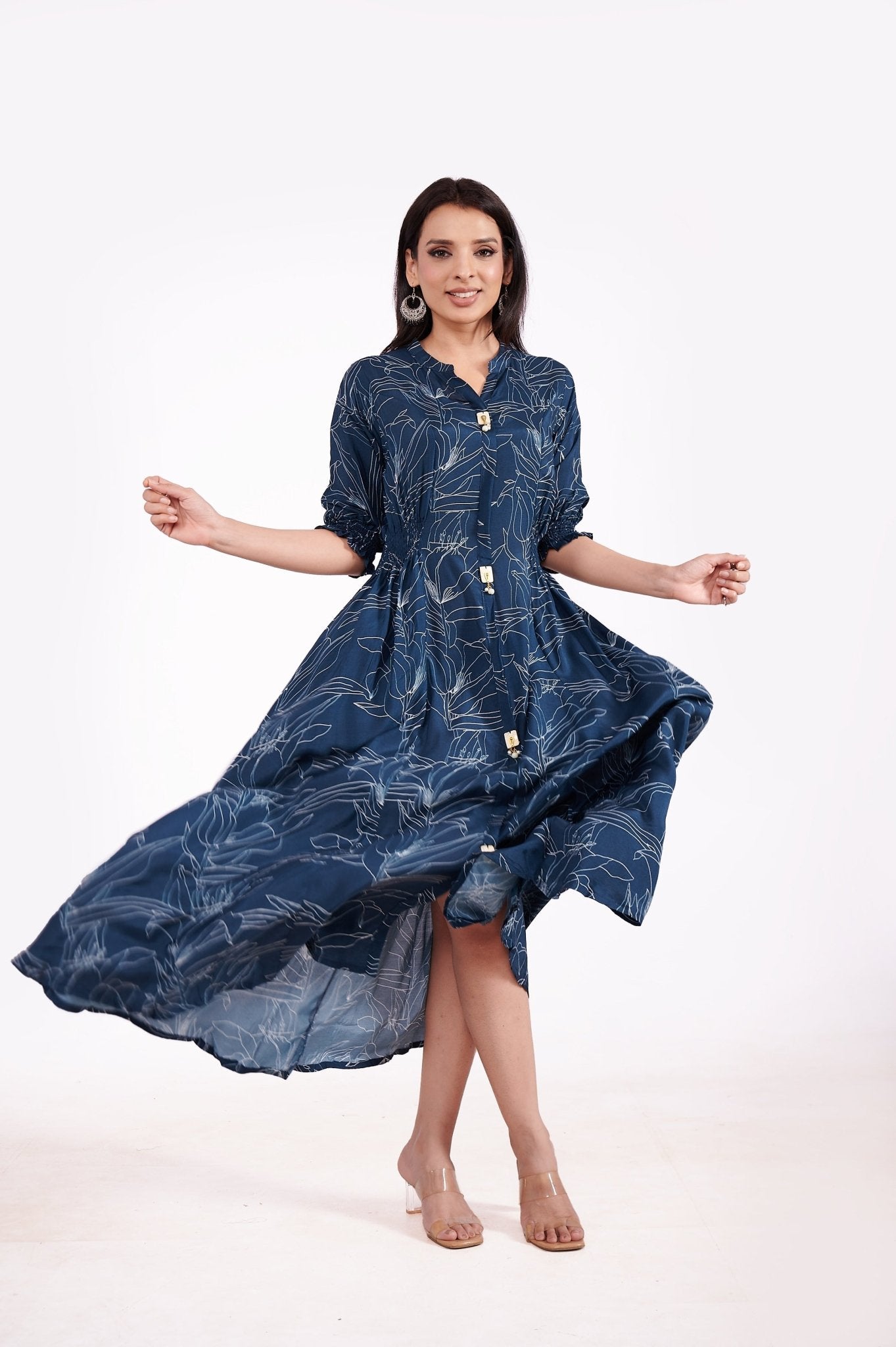 Muslin Floral Print Midi Dress - Freyaa USA & Canada