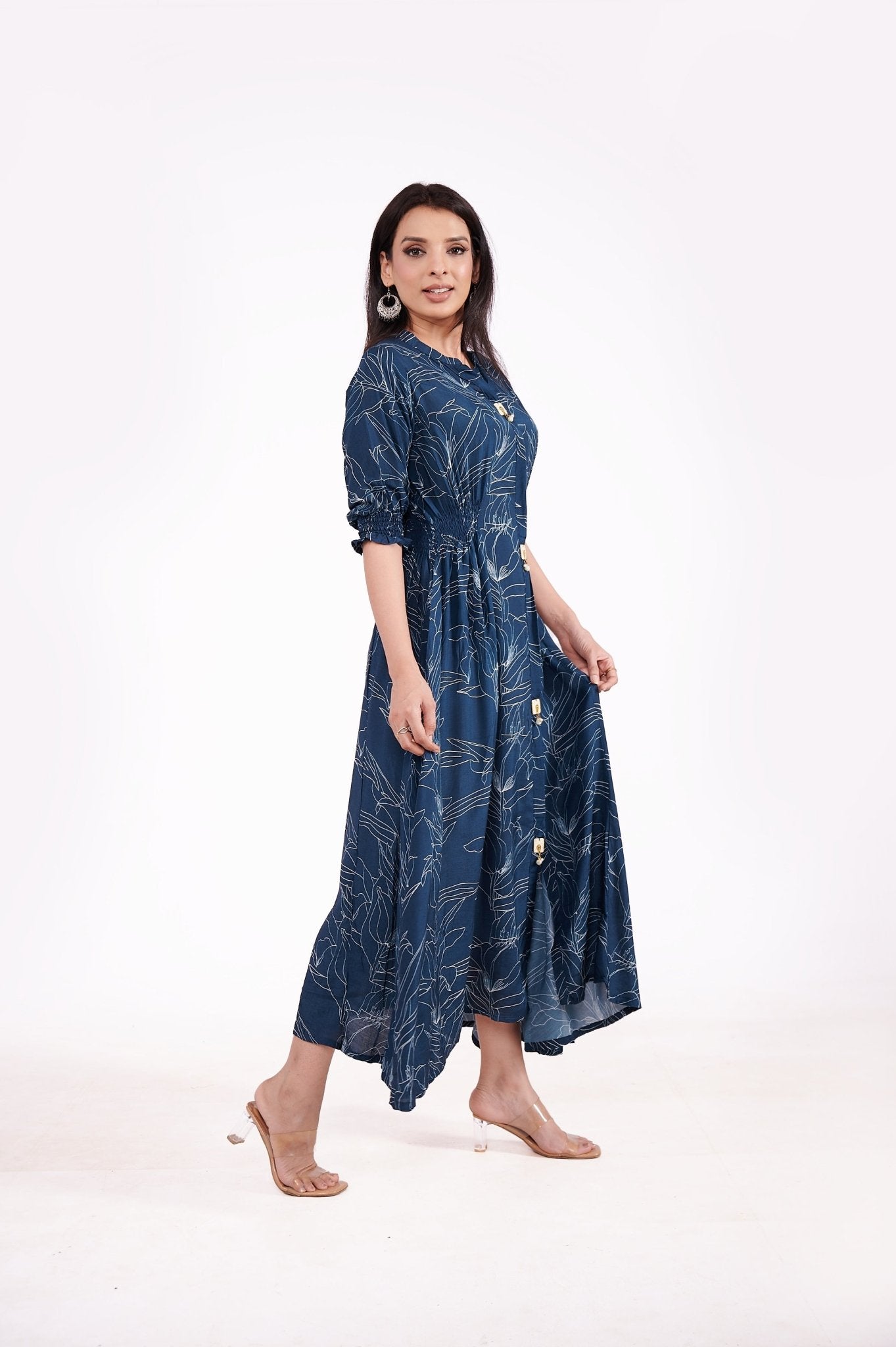 Muslin Floral Print Midi Dress - Freyaa USA & Canada