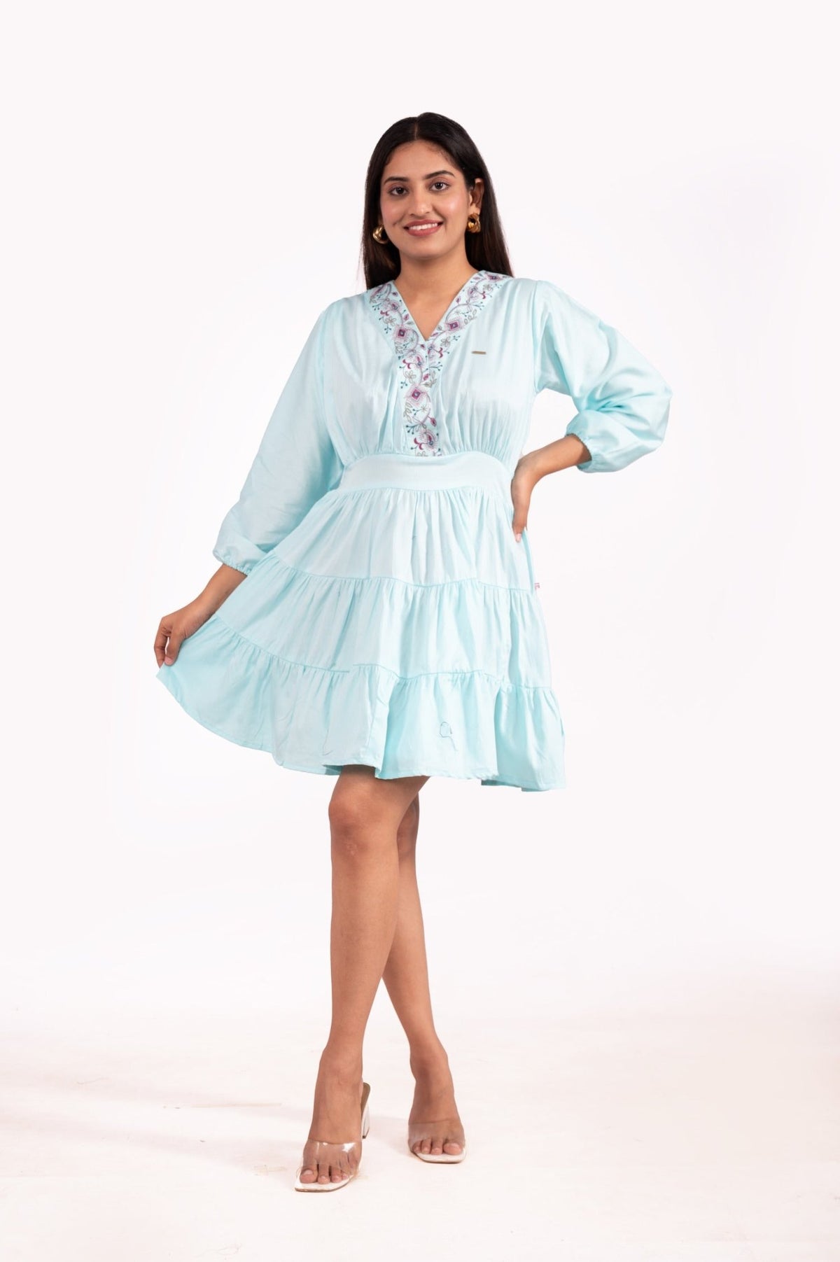 Gazi Silk V Neck Embroidered Tunics - Sea Green - Freyaa USA & Canada