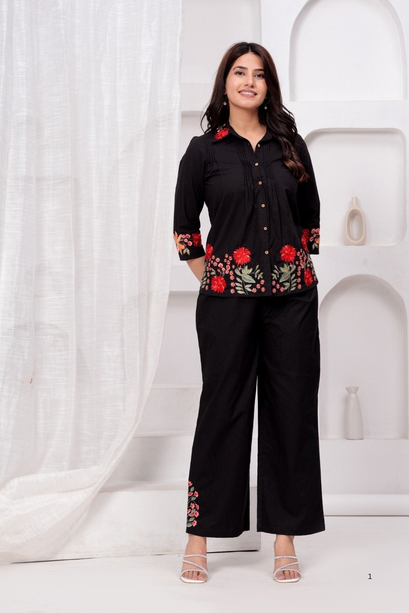 Black Floral Elegance Cord Set - Freyaa USA & Canada