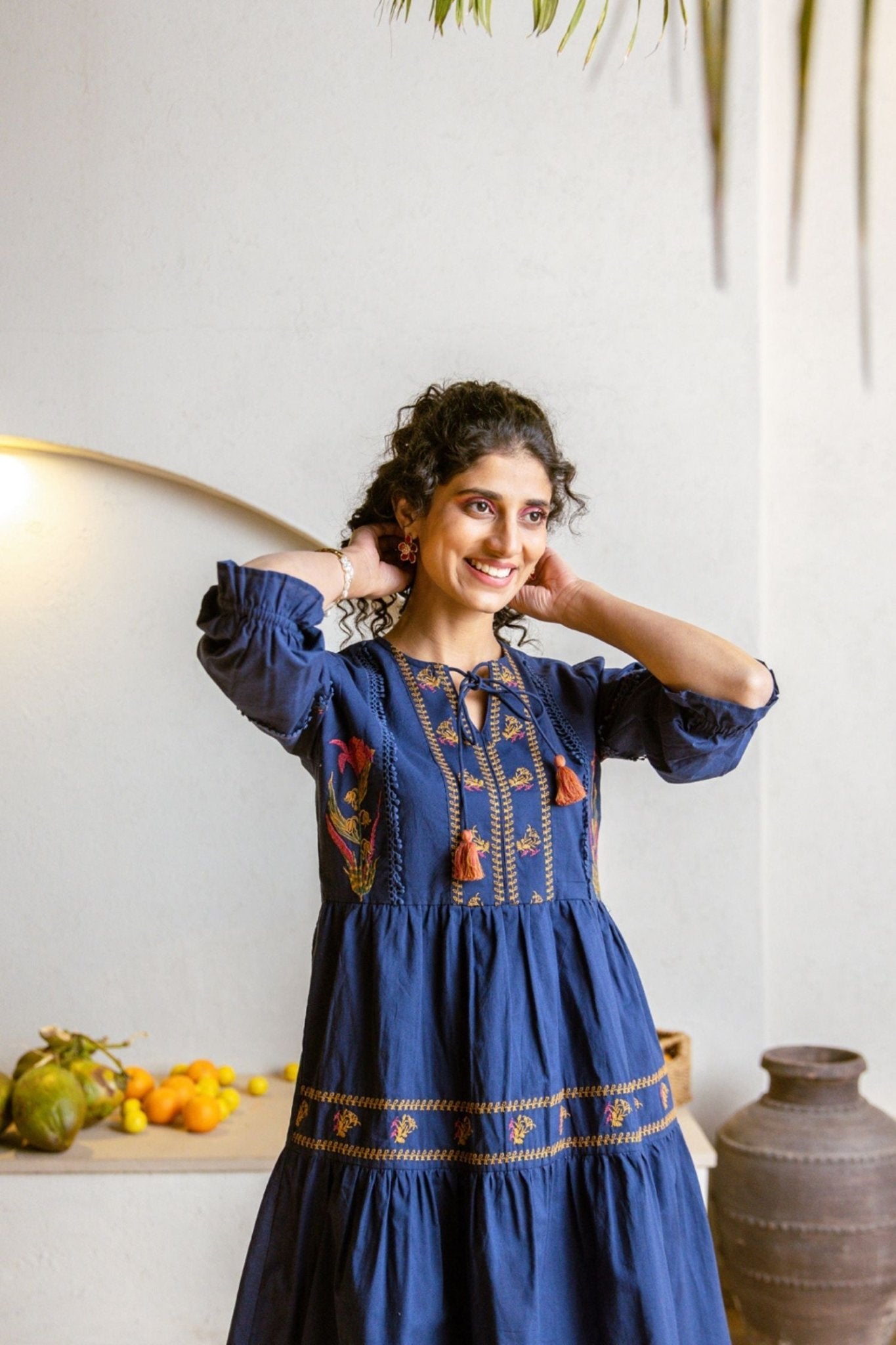 Blue Tunic with Intricate Neck Design - Freyaa USA & Canada