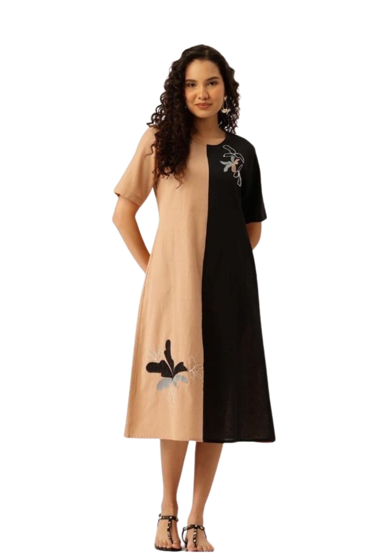 Beige Cotton Dress with Delicate Floral Motif