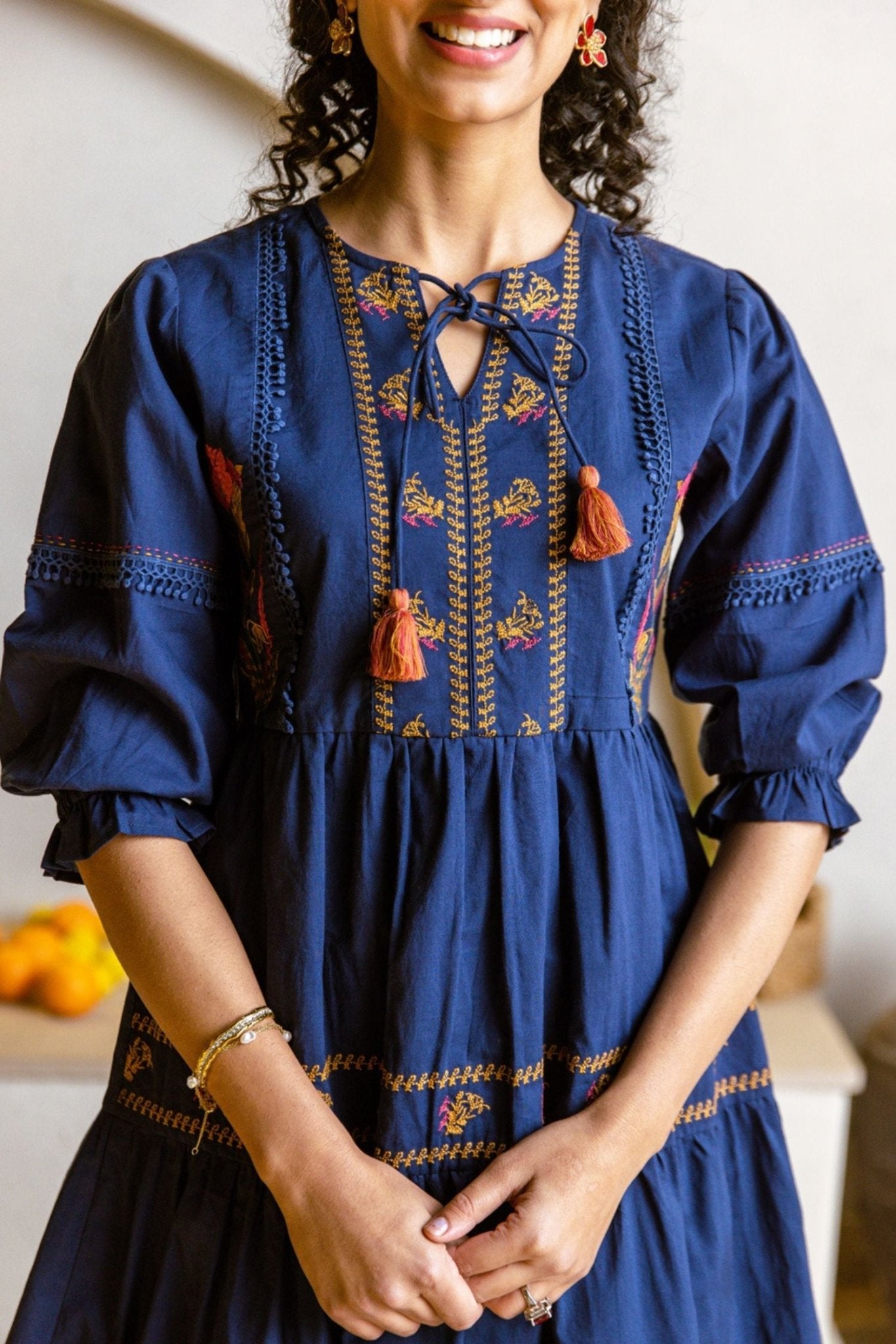 Blue Tunic with Intricate Neck Design - Freyaa USA & Canada