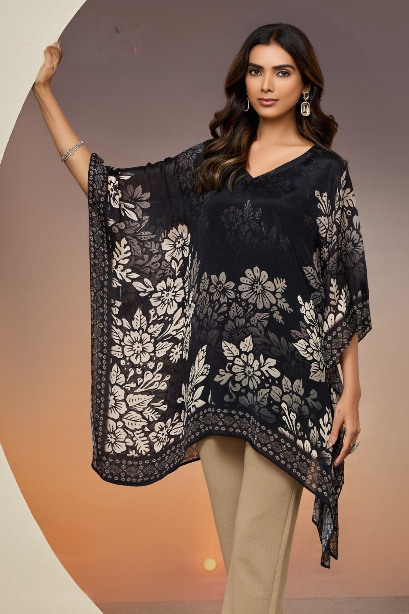 Black, White Floral Print Short Kaftan - Freyaa USA & Canada
