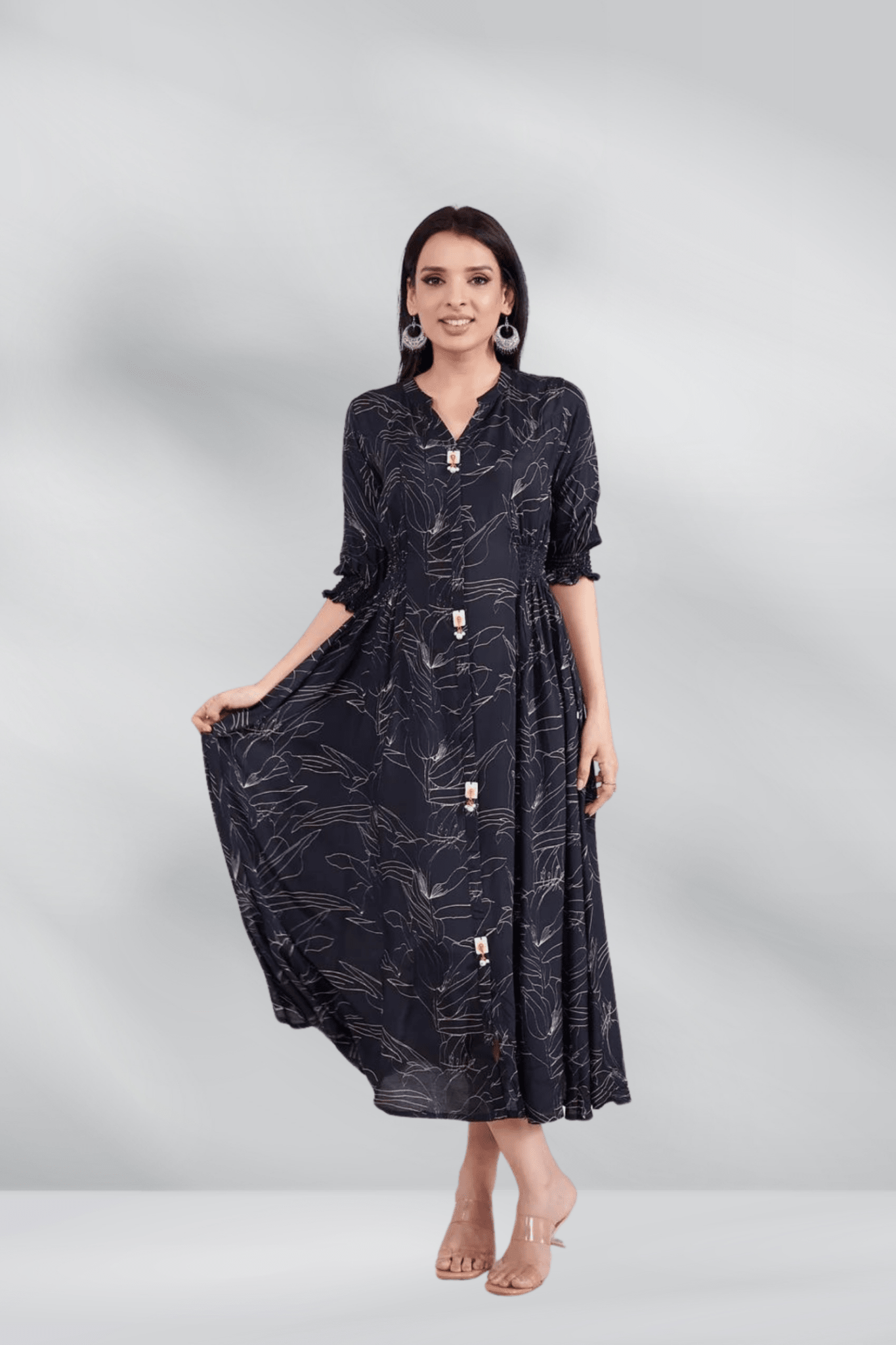 Muslin Floral Print Midi Dress - Freyaa USA & Canada