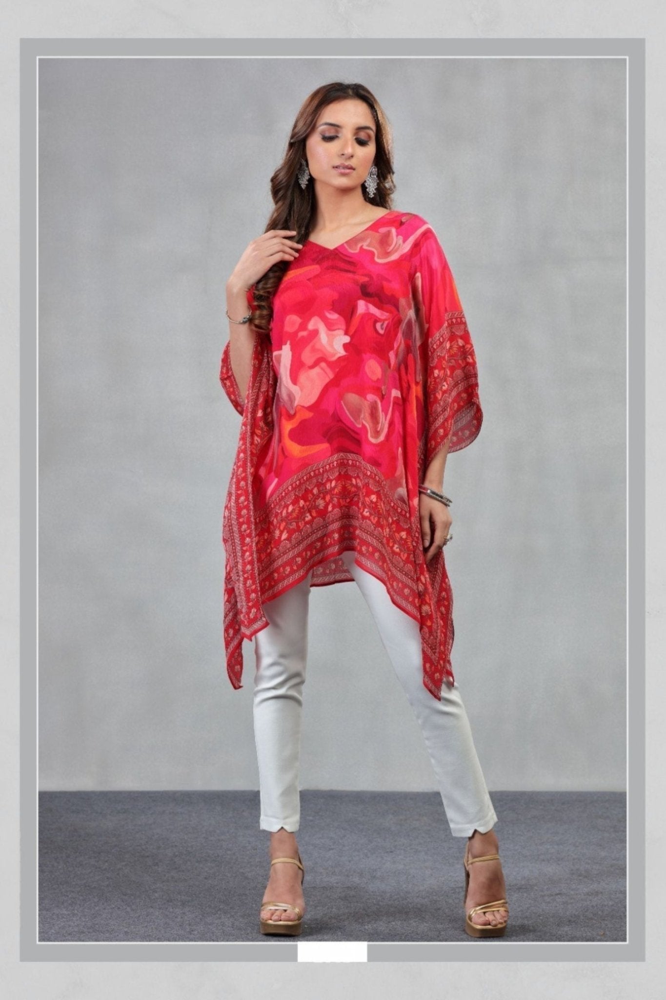 Red Abstract Print Chinon Short Kaftan - Freyaa USA & Canada