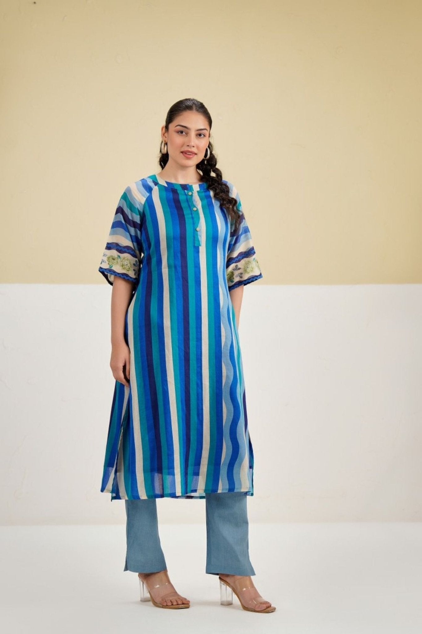 Blue Vertical Stripe A-Line Kurta Cord Set - Freyaa USA & Canada