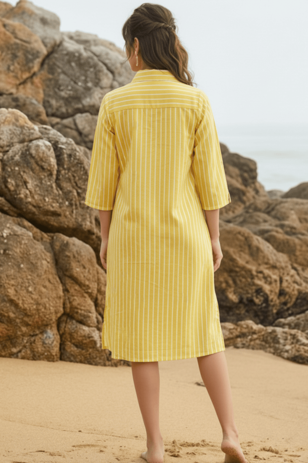 Yellow Striped Embroidered Shirt Dress - Freyaa