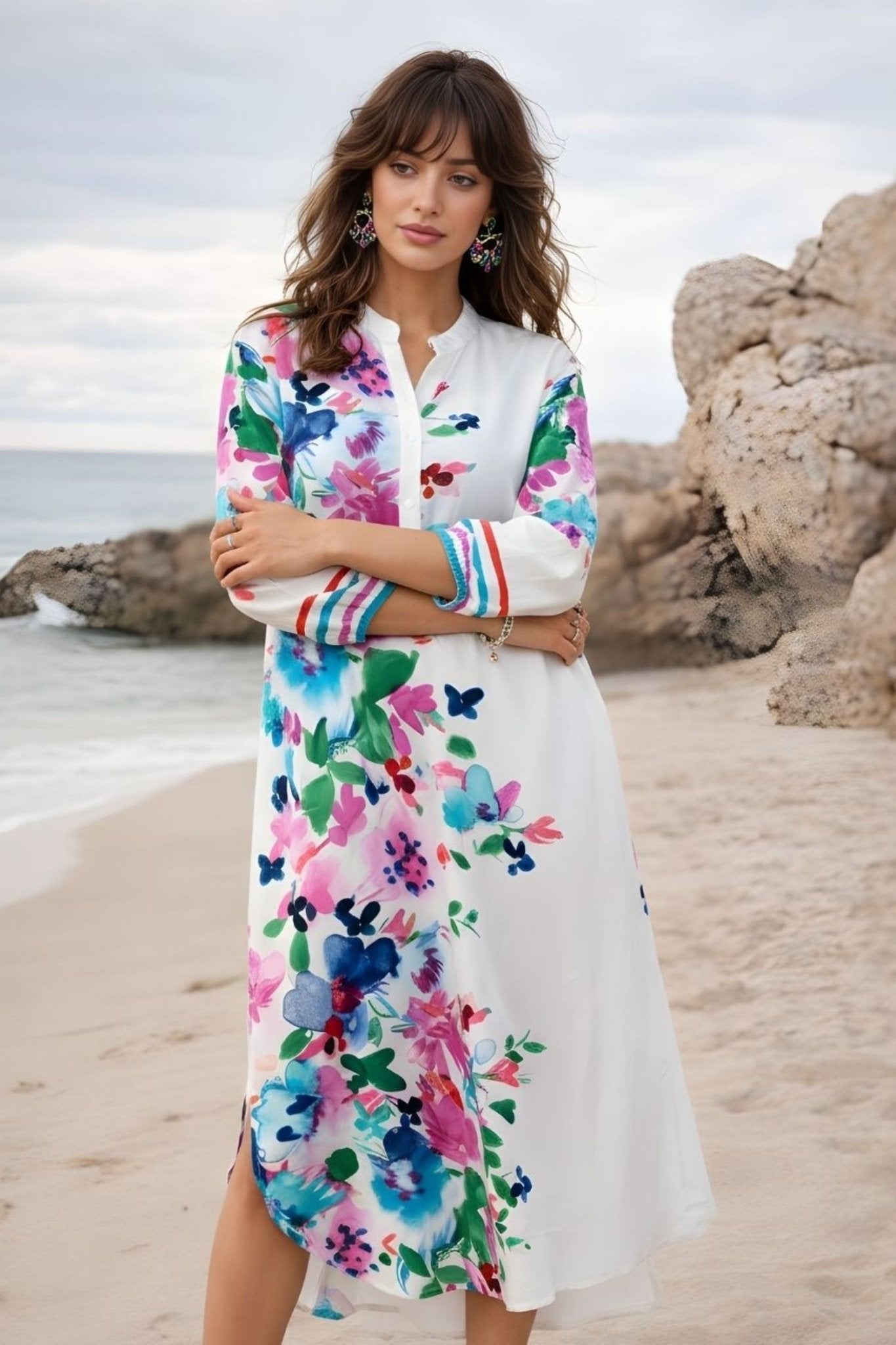 White Floral Vibrant A-Line Long Shirt Dress - Freyaa USA & Canada